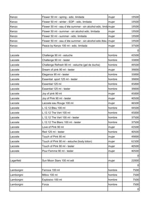 Kenzo        Flower 50 ml - spring - edic. limitada                   mujer    19500
Kenzo        Flower 50 ml - winter - EDP - edic. limitada             mujer    19500
Kenzo        Flower 50 ml - eau d´éte summer - sin alcohol edic. limitada
                                                                       mujer   19500
Kenzo        Flower 50 ml - summer - sin alcohol edic. limitada       mujer    19500
Kenzo        Flower 50 ml - summer - edic. limitada                   mujer    19500
Kenzo        Flower 50 ml - eau d´éte summer - sin alcohol edic.ltda.(2011)
                                                                       mujer   19500
Kenzo        Peace by Kenzo 100 ml - edic. limitada                   mujer    37500
                                                                                   0
Lacoste      Challenge 90 ml - estuche                                hombre   43500
Lacoste      Challenge 90 ml - tester                                 hombre   33000
Lacoste      Challenge Refresh 90 ml - estuche (gel de ducha)         hombre   49500
Lacoste      Dream of pink 90 ml - tester                             mujer    39000
Lacoste      Elegance 90 ml - tester                                  hombre   33000
Lacoste      Essential sport 125 ml - tester                          hombre   39000
Lacoste      Essential 125 ml                                         hombre   45000
Lacoste      Essential 125 ml - tester                                hombre   39000
Lacoste      Joy of pink 90 ml                                        mujer    45000
Lacoste      Joy of Pink 90 ml - tester                               mujer    40500
Lacoste      Lacoste eau Rouge 100 ml                                 mujer    46500
Lacoste      L.12.12 Bleu 100 ml                                      hombre   44500
Lacoste      L.12.12 The Vert 100 ml                                  hombre   45000
Lacoste      L.12.12 The Vert 100 ml - tester                         hombre   37500
Lacoste      L.12.12 The Blanc 100 ml - tester                        hombre   37500
Lacoste      Love of Pink 90 ml                                       mujer    43500
Lacoste      Red 125 ml - tester                                      hombre   40500
Lacoste      Touch of Pink 90 ml                                      mujer    49000
Lacoste      Touch of Pink 90 ml - estuche (body lotion)              mujer    61500
Lacoste      Touch of Pink 90 ml - tester                             mujer    40500
Lacoste      Pour Femme 90 ml - tester                                mujer    40500
                                                                                   0
Lagerfeld    Sun Moon Stars 100 ml edt                                mujer    22000
                                                                                   0
Lamborgini   Ferroce 100 ml                                           hombre    7500
Lamborgini   Mitico 100 ml                                            hombre    7500
Lamborgini   Explosivo 100 ml                                         hombre    7500
Lamborgini   Forza                                                    hombre    7500
                                                                                   0
 