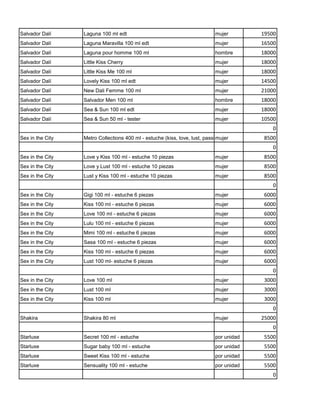 Salvador Dalí     Laguna 100 ml edt                                         mujer        19500
Salvador Dalí     Laguna Maravilla 100 ml edt                               mujer        16500
Salvador Dalí     Laguna pour homme 100 ml                                  hombre       18000
Salvador Dalí     Little Kiss Cherry                                        mujer        18000
Salvador Dalí     Little Kiss Me 100 ml                                     mujer        18000
Salvador Dalí     Lovely Kiss 100 ml edt                                    mujer        14500
Salvador Dalí     New Dali Femme 100 ml                                     mujer        21000
Salvador Dalí     Salvador Men 100 ml                                       hombre       18000
Salvador Dalí     Sea & Sun 100 ml edt                                      mujer        18000
Salvador Dalí     Sea & Sun 50 ml - tester                                  mujer        10500
                                                                                             0
Sex in the City   Metro Collections 400 ml - estuche (kiss, love, lust, passion)
                                                                             mujer        8500
                                                                                             0
Sex in the City   Love y Kiss 100 ml - estuche 10 piezas                    mujer         8500
Sex in the City   Love y Lust 100 ml - estuche 10 piezas                    mujer         8500
Sex in the City   Lust y Kiss 100 ml - estuche 10 piezas                    mujer         8500
                                                                                             0
Sex in the City   Gigi 100 ml - estuche 6 piezas                            mujer         6000
Sex in the City   Kiss 100 ml - estuche 6 piezas                            mujer         6000
Sex in the City   Love 100 ml - estuche 6 piezas                            mujer         6000
Sex in the City   Lulu 100 ml - estuche 6 piezas                            mujer         6000
Sex in the City   Mimi 100 ml - estuche 6 piezas                            mujer         6000
Sex in the City   Sasa 100 ml - estuche 6 piezas                            mujer         6000
Sex in the City   Kiss 100 ml - estuche 6 piezas                            mujer         6000
Sex in the City   Lust 100 ml- estuche 6 piezas                             mujer         6000
                                                                                             0
Sex in the City   Love 100 ml                                               mujer         3000
Sex in the City   Lust 100 ml                                               mujer         3000
Sex in the City   Kiss 100 ml                                               mujer         3000
                                                                                             0
Shakira           Shakira 80 ml                                             mujer        25000
                                                                                             0
Starluxe          Secret 100 ml - estuche                                   por unidad    5500
Starluxe          Sugar baby 100 ml - estuche                               por unidad    5500
Starluxe          Sweet Kiss 100 ml - estuche                               por unidad    5500
Starluxe          Sensuality 100 ml - estuche                               por unidad    5500
                                                                                             0
 