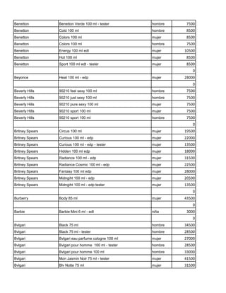 Benetton         Benetton Verde 100 ml - tester       hombre    7500
Benetton         Cold 100 ml                          hombre    8500
Benetton         Colors 100 ml                        mujer     8500
Benetton         Colors 100 ml                        hombre    7500
Benetton         Energy 100 ml edt                    mujer    10500
Benetton         Hot 100 ml                           mujer     8500
Benetton         Sport 100 ml edt - tester            mujer     8500
                                                                   0
Beyonce          Heat 100 ml - edp                    mujer    28000
                                                                   0
Beverly Hills    90210 feel sexy 100 ml               hombre    7500
Beverly Hills    90210 just sexy 100 ml               hombre    7500
Beverly Hills    90210 pure sexy 100 ml               mujer     7500
Beverly Hills    90210 sport 100 ml                   mujer     7500
Beverly Hills    90210 sport 100 ml                   hombre    7500
                                                                   0
Britney Spears   Circus 100 ml                        mujer    19500
Britney Spears   Curious 100 ml - edp                 mujer    22000
Britney Spears   Curious 100 ml - edp - tester        mujer    13500
Britney Spears   Hidden 100 ml edp                    mujer    18000
Britney Spears   Radiance 100 ml - edp                mujer    31500
Britney Spears   Radiance Cosmic 100 ml - edp         mujer    22500
Britney Spears   Fantasy 100 ml edp                   mujer    28000
Britney Spears   Midngiht 100 ml - edp                mujer    20500
Britney Spears   Midngiht 100 ml - edp tester         mujer    13500
                                                                   0
Burberry         Body 85 ml                           mujer    43500
                                                                   0
Barbie           Barbie Mini 6 ml - edt               niña      3000
                                                                   0
Bvlgari          Black 75 ml                          hombre   34500
Bvlgari          Black 75 ml - tester                 hombre   28500
Bvlgari          Bvlgari eau parfume cologne 100 ml   mujer    27000
Bvlgari          Bvlgari pour homme 100 ml - tester   hombre   28500
Bvlgari          Bvlgari pour homme 100 ml            hombre   33000
Bvlgari          Mon Jasmin Noir 75 ml - tester       mujer    41500
Bvlgari          Blv Notte 75 ml                      mujer    31500
 