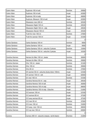 Calvin Klein       Euphoria 100 ml edt                               hombre   39000
Calvin Klein       Euphoria 100 ml edt                               mujer    42000
Calvin Klein       Euphoria 100 ml edp                               mujer    48000
Calvin Klein       Euphoria Blossom 100 ml edt                       mujer    42000
Calvin Klein       Obsession men 200 ml                              hombre   50500
Calvin Klein       Obsession Night 125 ml                            hombre   28500
Calvin Klein       Obsession Night 100 ml - edp                      mujer    28500
Calvin Klein       Obsession Secret 100 ml                           mujer    34500
Calvin Klein       Truth for men 100 ml                              hombre   27000
Calvin Klein       Truth for woman 100 ml                            mujer    31500
                                                                                  0
Carlos Santana     Carlos Santana 100 ml                             hombre    9000
Carlos Santana     Carlos Santana 100 ml                             mujer     9000
Carlos Santana     Carlos Santana 100 ml - estuche 2 piezas          hombre   15000
Carlos Santana     Carlos Santana 100 ml - estuche 2 piezas          mujer    16500
                                                                                  0
Carolina Herrera   Herrera for Men 100 ml - tester                   hombre   30000
Carolina Herrera   Herrera for Men 100 ml                            hombre   39000
Carolina Herrera   Chic 100 ml - tester                              hombre   31500
Carolina Herrera   Chic 100 ml                                       hombre   39000
Carolina Herrera   Chic 60 ml                                        hombre   27000
Carolina Herrera   CH women 50 ml - estuche (body lotion 100ml)      mujer    52500
Carolina Herrera   CH women 100 ml - edt                             mujer    60000
Carolina Herrera   Ch men 100 ml                                     hombre   55500
Carolina Herrera   Carolina Herrera 50 ml - edp                      mujer    28500
Carolina Herrera   Carolina Herrera 100 ml edt                       mujer    36000
Carolina Herrera   Carolina Herrera 100 ml edp                       mujer    48000
Carolina Herrera   Carolina Herrera 100 ml edp - Estuche             mujer    51000
Carolina Herrera   212 woman 100 ml                                  mujer    52500
Carolina Herrera   212 woman 60 ml                                   mujer    37500
Carolina Herrera   212 sexy woman 60 ml                              mujer    37500
Carolina Herrera   212 men 50 ml                                     hombre   37000
Carolina Herrera   212 men 100 ml                                    hombre   55000
Carolina Herrera   212 sexy men 100 ml                               hombre   48000
Carolina Herrera   212 vip men 100 ml                                hombre   60000
                                                                                  0
Carrera            Carrera 300 ml - estuche (classic, red & black)   Hombre   21000
 