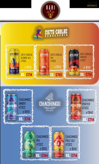 JULIO 2020
SIETE CHOLAS
PORTER
473CC
SIETE CHOLAS
IPA
473CC
SIETE CHOLAS
BLONDE ALE
473CC
x6. $714
x1 $140
x6. $765
x1 $150
x6. $714
x1 $140
x1 $140
x1 $140x1 $150
x1 $140
x6. $714X6. $714
x6. $764
CHACHINGO
IPA
473CC
CHACHINGO
PALE ALE
473CC
CHACHINGO
PORTER
473CC
CHACHINGO
AMBER
473CC
x6. $714
 
