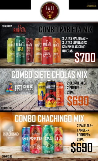 JULIO 2020
$690
COMBO SIETE CHOLAS MIX
2 BLONDE ALE+
2 PORTER +
2 IPA
COMBO.08
COMBO CHACHINGO MIX
COMBO.09
$690
2 PALE ALE+
1 AMBER+
1 PORTER+
2 IPA
3 LATAS MALTOSAS +
3 LATAS LUPULADAS
COMBINALAS COMO
QUIERAS
$700
COMBO.07
COMBO RABIETA MIX
 