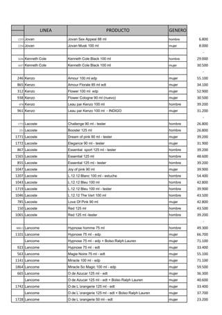 LINEA                               PRODUCTO                 GENERO
 1253   Jovan             Jovan Sex Appeal 88 ml                               hombre    6.800
 1254   Jovan             Jovan Musk 100 ml                                    mujer     8.000
                                                                                           -
 1656   Kenneth Cole      Kenneth Cole Black 100 ml                            hombre   29.000
 1657   Kenneth Cole      Kenneth Cole Black 100 ml                            mujer    30.500
                                                                                           -
 246 Kenzo                Amour 100 ml edp                                     mujer    55.100
 865 Kenzo                Amour Florale 85 ml edt                              mujer    34.100
 312 Kenzo                Flower 100 ml edp                                    mujer    52.900
 938 Kenzo                Flower Cologne 90 ml (nuevo)                         mujer    30.500
  078   Kenzo             Leau par Kenzo 100 ml                                hombre   39.200
 961 Kenzo                Leau par Kenzo 100 ml - INDIGO                       mujer    31.200
                                                                                           -
 1773   Lacoste           Challenge 90 ml - tester                             hombre   26.800
  251   Lacoste           Booster 125 ml                                       hombre   26.800
1771 Lacoste              Dream of pink 90 ml - tester                         mujer    39.200
1772 Lacoste              Elegance 90 ml - tester                              mujer    31.900
 867 Lacoste              Essential sport 125 ml - tester                      hombre   39.200
1565 Lacoste              Essential 125 ml                                     hombre   48.600
 855 Lacoste              Essential 125 ml - tester                            hombre   39.200
1047 Lacoste              Joy of pink 90 ml                                    mujer    39.900
1207 Lacoste              L.12.12 Blanc 100 ml - estuche                       hombre   54.400
1043 Lacoste              L.12.12 Bleu 100 ml                                  hombre   42.800
1719 Lacoste              L.12.12 Bleu 100 ml - tester                         hombre   39.900
1046 Lacoste              L.12.12 The Vert 100 ml                              hombre   43.500
 785 Lacoste              Love Of Pink 90 ml                                   mujer    42.800
 150 Lacoste              Red 125 ml                                           hombre   43.500
1065 Lacoste              Red 125 ml -tester                                   hombre   39.200
                                                                                           -
00013   Lancome           Hypnose homme 75 ml                                  hombre   49.300
1101 Lancome              Hypnose 75 ml - edp                                  mujer    66.700
        Lancome           Hypnose 75 ml - edp + Bolso Ralph Lauren             mujer    71.100
 923 Lancome              Hypnose 75 ml - edt                                  mujer    33.400
 563 Lancome              Magie Noire 75 ml - edt                              mujer    55.100
1141 Lancome              Miracle 100 ml - edp                                 mujer    71.100
1864 Lancome              Miracle So Magic 100 ml - edp                        mujer    59.500
 665 Lancome              O de Azucar 125 ml - edt                             mujer    36.300
        Lancome           O de Azucar 125 ml - edt + Bolso Ralph Lauren        mujer    40.600
1742 Lancome              O de L´orangerie 125 ml - edt                        mujer    33.400
        Lancome           O de L´orangerie 125 ml - edt + Bolso Ralph Lauren   mujer    37.700
1728 Lancome              O de L´orangerie 50 ml - edt                         mujer    23.200
 