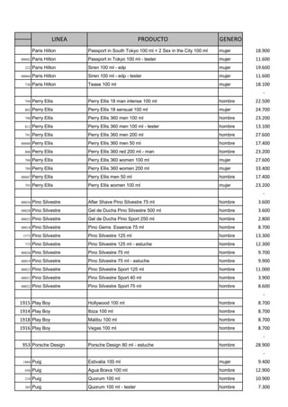 LINEA                            PRODUCTO                           GENERO
        Paris Hilton      Passport in South Tokyo 100 ml + 2 Sex in the City 100 ml   mujer    18.900
00042   Paris Hilton      Passport in Tokyo 100 ml - tester                           mujer    11.600
  222   Paris Hilton      Siren 100 ml - edp                                          mujer    19.600
00044   Paris Hilton      Siren 100 ml - edp - tester                                 mujer    11.600
  730   Paris Hilton      Tease 100 ml                                                mujer    18.100
                                                                                                  -
  799   Perry Ellis       Perry Ellis 18 man intense 100 ml                           hombre   22.500
  802   Perry Ellis       Perry Ellis 18 sensual 100 ml                               mujer    24.700
  790   Perry Ellis       Perry Ellis 360 men 100 ml                                  hombre   23.200
  812   Perry Ellis       Perry Ellis 360 men 100 ml - tester                         hombre   13.100
  791   Perry Ellis       Perry Ellis 360 men 200 ml                                  hombre   27.600
00048   Perry Ellis       Perry Ellis 360 men 50 ml                                   hombre   17.400
  806   Perry Ellis       Perry Ellis 360 red 200 ml - man                            hombre   23.200
  788   Perry Ellis       Perry Ellis 360 women 100 ml                                mujer    27.600
  789   Perry Ellis       Perry Ellis 360 women 200 ml                                mujer    33.400
00047   Perry Ellis       Perry Ellis men 50 ml                                       hombre   17.400
  793   Perry Ellis       Perry Ellis women 100 ml                                    mujer    23.200
                                                                                                  -
00034   Pino Silvestre    After Shave Pino Silvestre 75 ml                            hombre    3.600
00028   Pino Silvestre    Gel de Ducha Pino Silvestre 500 ml                          hombre    3.600
00025   Pino Silvestre    Gel de Ducha Pino Sport 250 ml                              hombre    2.800
00018   Pino Silvestre    Pino Gems Essence 75 ml                                     hombre    8.700
 1575   Pino Silvestre    Pino Silvestre 125 ml                                       hombre   13.300
  775   Pino Silvestre    Pino Silvestre 125 ml - estuche                             hombre   12.300
00026   Pino Silvestre    Pino Silvestre 75 ml                                        hombre    9.700
00019   Pino Silvestre    Pino Silvestre 75 ml - estuche                              hombre    9.900
00023   Pino Silvestre    Pino Silvestre Sport 125 ml                                 hombre   11.000
00021   Pino Silvestre    Pino Silvestre Sport 40 ml                                  hombre    3.900
00022   Pino Silvestre    Pino Silvestre Sport 75 ml                                  hombre    8.600
                                                                                                  -
1915 Play Boy             Hollywood 100 ml                                            hombre    8.700
1914 Play Boy             Ibiza 100 ml                                                hombre    8.700
1918 Play Boy             Malibu 100 ml                                               hombre    8.700
1916 Play Boy             Vegas 100 ml                                                hombre    8.700
                                                                                                  -
 953 Porsche Design       Porsche Design 80 ml - estuche                              hombre   28.900
                                                                                                  -
 1884   Puig              Estivalia 100 ml                                            mujer     9.400
  656   Puig              Agua Brava 100 ml                                           hombre   12.900
  210   Puig              Quorum 100 ml                                               hombre   10.900
  385   Puig              Quorum 100 ml - tester                                      hombre    7.300
 