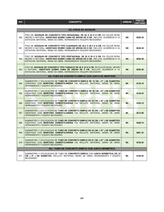 107
NO. CONCEPTO UNIDAD
PRECIO
UNITARIO
63).-PISOS DE ADOQUIN
560
PISO DE ADOQUIN DE CONCRETO TIPO HEXAGONAL DE 26 X 23 X 8 CM. EN COLOR ROSA,
NEGRO O NATURAL, ASENTADO SOBRE CAMA DE ARENA DE 5 CM., INCLUYE: ACARREOS A 1A.
ESTACION, MATERIAL, MANO DE OBRA, HERRAMIENTA YEQUIPO NECESARIO.
M2 $300.38
561
PISO DE ADOQUIN DE CONCRETO TIPO CUADRADO DE 20.3 X 20.3 X 8 CM. EN COLOR ROSA,
NEGRO O NATURAL, ASENTADO SOBRE CAMA DE ARENA DE 5 CM., INCLUYE: ACARREOS A 1A.
ESTACION, MATERIAL, MANO DE OBRA, HERRAMIENTA YEQUIPO NECESARIO.
M2 $300.38
562
PISO DE ADOQUIN DE CONCRETO TIPO PENTAGONAL DE 25 X 25 X 8 CM. EN COLOR ROSA,
NEGRO O NATURAL, ASENTADO SOBRE CAMA DE ARENA DE 5 CM., INCLUYE: ACARREOS A 1A.
ESTACION, MATERIAL, MANO DE OBRA, HERRAMIENTA YEQUIPO NECESARIO.
M2 $300.38
563
PISO DE ADOQUIN DE CONCRETO TIPO TABASCO DE 26 X 23 X 8 CM. EN COLOR ROSA, NEGRO
O NATURAL, ASENTADO SOBRE CAMA DE ARENA DE 5 CM., INCLUYE: ACARREOS A 1A.
ESTACION, MATERIAL, MANO DE OBRA, HERRAMIENTA YEQUIPO NECESARIO.
M2 $300.38
64).-TUBO DE CONCRETO SIMPLE CON JUNTA DE MORTERO
564
SUMINISTRO Y COLOCACION DE TUBO DE CONCRETO SIMPLE DE 15 CM. ( 6" ) DE DIAMETRO,
JUNTEADO CON MORTERO CEMENTO-ARENA 1:4, INCLUYE: MATERIAL, MANO DE OBRA,
HERRAMIENTA Y EQUIPO NECESARIO.
ML $120.15
565
SUMINISTRO Y COLOCACION DE TUBO DE CONCRETO SIMPLE DE 20 CM. ( 8" ) DE DIAMETRO,
ASENTADO CON MORTERO CEMENTO-ARENA 1:4, INCLUYE: MATERIAL, MANO DE OBRA,
HERRAMIENTA Y EQUIPO NECESARIO.
ML $146.43
566
SUMINISTRO Y COLOCACION DE TUBO DE CONCRETO SIMPLE DE 25 CM. ( 10" ) DE DIAMETRO,
ASENTADO CON MORTERO CEMENTO-ARENA 1:4, INCLUYE: MATERIAL, MANO DE OBRA,
HERRAMIENTA Y EQUIPO NECESARIO.
ML $184.15
567
SUMINISTRO Y COLOCACION DE TUBO DE CONCRETO SIMPLE DE 30 CM. ( 12" ) DE DIAMETRO,
ASENTADO CON MORTERO CEMENTO-ARENA 1:4, INCLUYE: MATERIAL, MANO DE OBRA,
HERRAMIENTA Y EQUIPO NECESARIO.
ML $212.86
568
SUMINISTRO Y COLOCACION DE TUBO DE CONCRETO SIMPLE DE 38 CM. ( 15" ) DE DIAMETRO,
ASENTADO CON MORTERO CEMENTO-ARENA 1:4, INCLUYE: MATERIAL, MANO DE OBRA,
HERRAMIENTA Y EQUIPO NECESARIO.
ML $458.74
569
SUMINISTRO Y COLOCACION DE TUBO DE CONCRETO SIMPLE DE 45 CM. ( 18" ) DE DIAMETRO,
ASENTADO CON MORTERO CEMENTO-ARENA 1:4, INCLUYE: MATERIAL, MANO DE OBRA,
HERRAMIENTA Y EQUIPO NECESARIO.
ML $561.32
570
SUMINISTRO Y COLOCACION DE TUBO DE CONCRETO SIMPLE DE 61 CM. ( 24" ) DE DIAMETRO,
ASENTADO CON MORTERO CEMENTO-ARENA 1:4, INCLUYE: MATERIAL, MANO DE OBRA,
HERRAMIENTA Y EQUIPO NECESARIO.
ML $755.53
65).- TUBO DE CONCRETO SIMPLE CON JUNTA HERMETICA
571
SUMINISTRO Y COLOCACION DE TUBO DE CONCRETO SIMPLE CON JUNTA HERMETICA, DE 15
CM. ( 6" ) DE DIAMETRO, INCLUYE: MATERIAL, MANO DE OBRA, HERRAMIENTA Y EQUIPO
NECESARIO.
ML $150.83
 