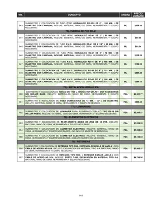113
NO. CONCEPTO UNIDAD
PRECIO
UNITARIO
643
SUMINISTRO Y COLOCACION DE TUBO P.V.C. HIDRAULICO RD-32.5 DE 8" ( 200 MM. ) DE
DIAMETRO CON CAMPANA, INCLUYE: MATERIAL, MANO DE OBRA, HERRAMIENTA Y EQUIPO
NECESARIO.
ML $536.85
75).-TUBERIA DE PVC RD-41
644
SUMINISTRO Y COLOCACION DE TUBO P.V.C. HIDRAULICO RD-41 DE 2" ( 51 MM. ) DE
DIAMETRO CON CAMPANA, INCLUYE: MATERIAL, MANO DE OBRA, HERRAMIENTA Y EQUIPO
NECESARIO.
ML $69.49
645
SUMINISTRO Y COLOCACION DE TUBO P.V.C. HIDRAULICO RD-41 DE 2 1/2" ( 63 MM. ) DE
DIAMETRO CON CAMPANA, INCLUYE: MATERIAL, MANO DE OBRA, HERRAMIENTA Y EQUIPO
NECESARIO.
ML $85.14
646
SUMINISTRO Y COLOCACION DE TUBO P.V.C. HIDRAULICO RD-41 DE 3" ( 76 MM. ) DE
DIAMETRO CON CAMPANA, INCLUYE: MATERIAL, MANO DE OBRA, HERRAMIENTA Y EQUIPO
NECESARIO.
ML $113.83
647
SUMINISTRO Y COLOCACION DE TUBO P.V.C. HIDRAULICO RD-41 DE 4" ( 100 MM. ) DE
DIAMETRO CON CAMPANA, INCLUYE: MATERIAL, MANO DE OBRA, HERRAMIENTA Y EQUIPO
NECESARIO.
ML $159.03
648
SUMINISTRO Y COLOCACION DE TUBO P.V.C. HIDRAULICO RD-41 DE 6" ( 152 MM. ) DE
DIAMETRO CON CAMPANA, INCLUYE: MATERIAL, MANO DE OBRA, HERRAMIENTA Y EQUIPO
NECESARIO.
ML $264.22
649
SUMINISTRO Y COLOCACION DE TUBO P.V.C. HIDRAULICO RD-41 DE 8" ( 200 MM. ) DE
DIAMETRO CON CAMPANA, INCLUYE: MATERIAL, MANO DE OBRA, HERRAMIENTA Y EQUIPO
NECESARIO.
ML $394.03
76).- INSTALACION HIDRAULICA
650
SUMINISTRO Y COLOCACION DE TINACO DE 1100 L. MARCA ROTOPLAST, CON ACCESORIOS
SIN INCLUIR BASE, INCLUYE: MATERIALES, MANO DE OBRA, HERRAMIENTA Y EQUIPO
NECESARIO.
PZA $3,301.77
651
SUMINISTRO E INSTALACION DE TOMA DOMICILIARIA DE 13 MM. ( 1/2" ) DE DIAMETRO,
INCLUYE: MATERIAL, MANO DE OBRA, HERRAMIENTA Y EQUIPO NECESARIO.
PZA $800.24
77).- LUMINARIAS
652
SUMINISTRO Y COLOCACION DE LUMINARIA PARA ALUMBRADO PÚBLICO TIPO OV-15 SIN
INCLUIR POSTE, INCLUYE: MATERIAL, MANO DE OBRA, HERRAMIENTA Y EQUIPO NECESARIO.
PZA $2,580.57
78).- ELEMENTOS ELECTRICOS
653
SUMINISTRO Y COLOCACION DE APARTARRAYO OXIDO DE ZINC DE 12 KVA, INCLUYE:
MATERIAL, MANO DE OBRA, HERRAMIENTA Y EQUIPO NECESARIO.
PZA $1,099.99
654
SUMINISTRO Y COLOCACION DE ACOMETIDA ELECTRICA, INCLUYE: MATERIAL, MANO DE
OBRA, HERRAMIENTA Y EQUIPO NECESARIOS. (NO INCLUYE MURETE DE MEDICION).
PZA $1,253.88
655
SUMINISTRO Y COLOCACION DE ACOMETIDA ELECTRICA, INCLUYE: MATERIAL, MANO DE
OBRA, HERRAMIENTA Y EQUIPO NECESARIOS, (INCLUYE MURETE DE MEDICION).
PZA $3,142.53
79).- RETENIDAS
656
SUMINISTRO Y COLOCACION DE RETENIDA TIPO RSA ( RETENIDA SENCILLA DE ANCLA ) CON
CABLE DE ACERO AG 5/16, INCLUYE: EXCAVACION EN MATERIAL TIPO II-A, MATERIAL, MANO
DE OBRA, HERRAMIENTA Y EQUIPO NECESARIO.
PZA $1,800.37
657
SUMINISTRO Y COLOCACION DE RETENIDA TIPO REA ( RETENIDA ESTACA ANCLA ) CON
CABLE DE ACERO AG 5/16, INCLUYE: POSTE 7-500, EXCAVACION EN MATERIAL TIPO II-A,
MATERIAL, MANO DE OBRA, HERRAMIENTA Y EQUIPO NECESARIO.
PZA $4,796.90
 