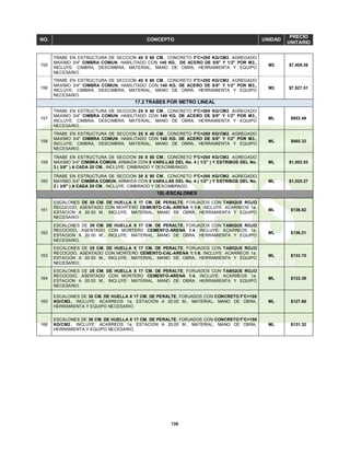 136
NO. CONCEPTO UNIDAD
PRECIO
UNITARIO
155
TRABE EN ESTRUCTURA DE SECCION 40 X 60 CM., CONCRETO F'C=200 KG/CM2. AGREGADO
MAXIMO 3/4" CIMBRA COMUN, HABILITADO CON 140 KG. DE ACERO DE 5/8" Y 1/2" POR M3.,
INCLUYE: CIMBRA, DESCIMBRA, MATERIAL, MANO DE OBRA, HERRAMIENTA Y EQUIPO
NECESARIO.
M3 $7,409.26
156
TRABE EN ESTRUCTURA DE SECCION 40 X 60 CM., CONCRETO F'C=250 KG/CM2. AGREGADO
MAXIMO 3/4" CIMBRA COMUN, HABILITADO CON 140 KG. DE ACERO DE 5/8" Y 1/2" POR M3.,
INCLUYE: CIMBRA, DESCIMBRA, MATERIAL, MANO DE OBRA, HERRAMIENTA Y EQUIPO
NECESARIO.
M3 $7,527.51
17.2 TRABES POR METRO LINEAL
157
TRABE EN ESTRUCTURA DE SECCION 25 X 40 CM., CONCRETO F'C=200 KG/CM2. AGREGADO
MAXIMO 3/4" CIMBRA COMUN, HABILITADO CON 140 KG. DE ACERO DE 5/8" Y 1/2" POR M3.,
INCLUYE: CIMBRA, DESCIMBRA, MATERIAL, MANO DE OBRA, HERRAMIENTA Y EQUIPO
NECESARIO.
ML $853.49
158
TRABE EN ESTRUCTURA DE SECCION 25 X 40 CM., CONCRETO F'C=250 KG/CM2. AGREGADO
MAXIMO 3/4" CIMBRA COMUN, HABILITADO CON 140 KG. DE ACERO DE 5/8" Y 1/2" POR M3.,
INCLUYE: CIMBRA, DESCIMBRA, MATERIAL, MANO DE OBRA, HERRAMIENTA Y EQUIPO
NECESARIO.
ML $865.32
159
TRABE EN ESTRUCTURA DE SECCION 30 X 50 CM., CONCRETO F'C=200 KG/CM2. AGREGADO
MAXIMO 3/4" CIMBRA COMÚN, ARMADA CON 8 VARILLAS DEL No. 4 ( 1/2" ) Y ESTRIBOS DEL No.
3 ( 3/8" ) A CADA 20 CM., INCLUYE: CIMBRADO Y DESCIMBRADO.
ML $1,002.53
160
TRABE EN ESTRUCTURA DE SECCION 30 X 50 CM., CONCRETO F'C=250 KG/CM2. AGREGADO
MAXIMO 3/4" CIMBRA COMÚN, ARMADA CON 8 VARILLAS DEL No. 4 ( 1/2" ) Y ESTRIBOS DEL No.
3 ( 3/8" ) A CADA 20 CM., INCLUYE: CIMBRADO Y DESCIMBRADO.
ML $1,020.27
18).-ESCALONES
161
ESCALONES DE 30 CM. DE HUELLA X 17 CM. DE PERALTE, FORJADOS CON TABIQUE ROJO
RECOCIDO, ASENTADO CON MORTERO CEMENTO-CAL-ARENA 1:1:6, INCLUYE: ACARREOS 1a.
ESTACION A 20.00 M., INCLUYE: MATERIAL, MANO DE OBRA, HERRAMIENTA Y EQUIPO
NECESARIO.
ML $136.62
162
ESCALONES DE 30 CM. DE HUELLA X 17 CM. DE PERALTE, FORJADOS CON TABIQUE ROJO
RECOCIDO, ASENTADO CON MORTERO CEMENTO-ARENA 1:4, INCLUYE: ACARREOS 1a.
ESTACION A 20.00 M., INCLUYE: MATERIAL, MANO DE OBRA, HERRAMIENTA Y EQUIPO
NECESARIO.
ML $136.21
163
ESCALONES DE 25 CM. DE HUELLA X 17 CM. DE PERALTE, FORJADOS CON TABIQUE ROJO
RECOCIDO, ASENTADO CON MORTERO CEMENTO-CAL-ARENA 1:1:6, INCLUYE: ACARREOS 1a.
ESTACION A 20.00 M., INCLUYE: MATERIAL, MANO DE OBRA, HERRAMIENTA Y EQUIPO
NECESARIO.
ML $133.70
164
ESCALONES DE 25 CM. DE HUELLA X 17 CM. DE PERALTE, FORJADOS CON TABIQUE ROJO
RECOCIDO, ASENTADO CON MORTERO CEMENTO-ARENA 1:4, INCLUYE: ACARREOS 1a.
ESTACION A 20.00 M., INCLUYE: MATERIAL, MANO DE OBRA, HERRAMIENTA Y EQUIPO
NECESARIO.
ML $133.38
165
ESCALONES DE 30 CM. DE HUELLA X 17 CM. DE PERALTE, FORJADOS CON CONCRETO F'C=100
KG/CM2., INCLUYE: ACARREOS 1a. ESTACION A 20.00 M., MATERIAL, MANO DE OBRA,
HERRAMIENTA Y EQUIPO NECESARIO.
ML $127.68
166
ESCALONES DE 30 CM. DE HUELLA X 17 CM. DE PERALTE, FORJADOS CON CONCRETO F'C=150
KG/CM2., INCLUYE: ACARREOS 1a. ESTACION A 20.00 M., MATERIAL, MANO DE OBRA,
HERRAMIENTA Y EQUIPO NECESARIO.
ML $131.32
 