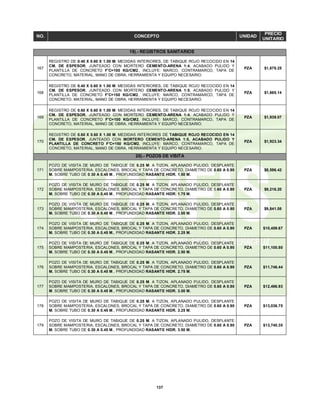 137
NO. CONCEPTO UNIDAD
PRECIO
UNITARIO
19).- REGISTROS SANITARIOS
167
REGISTRO DE 0.40 X 0.60 X 1.00 M. MEDIDAS INTERIORES, DE TABIQUE ROJO RECOCIDO EN 14
CM. DE ESPESOR, JUNTEADO CON MORTERO CEMENTO-ARENA 1:4, ACABADO PULIDO Y
PLANTILLA DE CONCRETO F'C=100 KG/CM2., INCLUYE: MARCO, CONTRAMARCO, TAPA DE
CONCRETO, MATERIAL, MANO DE OBRA, HERRAMIENTA Y EQUIPO NECESARIO.
PZA $1,678.25
168
REGISTRO DE 0.40 X 0.60 X 1.00 M. MEDIDAS INTERIORES, DE TABIQUE ROJO RECOCIDO EN 14
CM. DE ESPESOR, JUNTEADO CON MORTERO CEMENTO-ARENA 1:5, ACABADO PULIDO Y
PLANTILLA DE CONCRETO F'C=150 KG/CM2., INCLUYE: MARCO, CONTRAMARCO, TAPA DE
CONCRETO, MATERIAL, MANO DE OBRA, HERRAMIENTA Y EQUIPO NECESARIO.
PZA $1,665.14
169
REGISTRO DE 0.60 X 0.60 X 1.00 M. MEDIDAS INTERIORES, DE TABIQUE ROJO RECOCIDO EN 14
CM. DE ESPESOR, JUNTEADO CON MORTERO CEMENTO-ARENA 1:4, ACABADO PULIDO Y
PLANTILLA DE CONCRETO F'C=100 KG/CM2, INCLUYE: MARCO, CONTRAMARCO, TAPA DE
CONCRETO, MATERIAL, MANO DE OBRA, HERRAMIENTA Y EQUIPO NECESARIO.
PZA $1,939.07
170
REGISTRO DE 0.60 X 0.60 X 1.00 M. MEDIDAS INTERIORES DE TABIQUE ROJO RECOCIDO EN 14
CM. DE ESPESOR, JUNTEADO CON MORTERO CEMENTO-ARENA 1:5, ACABADO PULIDO Y
PLANTILLA DE CONCRETO F'C=150 KG/CM2, INCLUYE: MARCO, CONTRAMARCO, TAPA DE
CONCRETO, MATERIAL, MANO DE OBRA, HERRAMIENTA Y EQUIPO NECESARIO.
PZA $1,923.34
20).- POZOS DE VISITA
171
POZO DE VISITA DE MURO DE TABIQUE DE 0.25 M. A TIZON, APLANADO PULIDO, DESPLANTE
SOBRE MAMPOSTERIA, ESCALONES, BROCAL Y TAPA DE CONCRETO, DIAMETRO DE 0.60 A 0.90
M. SOBRE TUBO DE 0.30 A 0.45 M., PROFUNDIDAD RASANTE HIDR. 1.50 M.
PZA $8,596.42
172
POZO DE VISITA DE MURO DE TABIQUE DE 0.25 M. A TIZON, APLANADO PULIDO, DESPLANTE
SOBRE MAMPOSTERIA, ESCALONES, BROCAL Y TAPA DE CONCRETO, DIAMETRO DE 0.60 A 0.90
M. SOBRE TUBO DE 0.30 A 0.45 M., PROFUNDIDAD RASANTE HIDR. 1.75 M.
PZA $9,216.20
173
POZO DE VISITA DE MURO DE TABIQUE DE 0.25 M. A TIZON, APLANADO PULIDO, DESPLANTE
SOBRE MAMPOSTERIA, ESCALONES, BROCAL Y TAPA DE CONCRETO, DIAMETRO DE 0.60 A 0.90
M. SOBRE TUBO DE 0.30 A 0.45 M., PROFUNDIDAD RASANTE HIDR. 2.00 M.
PZA $9,841.08
174
POZO DE VISITA DE MURO DE TABIQUE DE 0.25 M. A TIZON, APLANADO PULIDO, DESPLANTE
SOBRE MAMPOSTERIA, ESCALONES, BROCAL Y TAPA DE CONCRETO, DIAMETRO DE 0.60 A 0.90
M. SOBRE TUBO DE 0.30 A 0.45 M., PROFUNDIDAD RASANTE HIDR. 2.25 M.
PZA $10,459.67
175
POZO DE VISITA DE MURO DE TABIQUE DE 0.25 M. A TIZON, APLANADO PULIDO, DESPLANTE
SOBRE MAMPOSTERIA, ESCALONES, BROCAL Y TAPA DE CONCRETO, DIAMETRO DE 0.60 A 0.90
M. SOBRE TUBO DE 0.30 A 0.45 M., PROFUNDIDAD RASANTE HIDR. 2.50 M.
PZA $11,100.80
176
POZO DE VISITA DE MURO DE TABIQUE DE 0.25 M. A TIZON, APLANADO PULIDO, DESPLANTE
SOBRE MAMPOSTERIA, ESCALONES, BROCAL Y TAPA DE CONCRETO, DIAMETRO DE 0.60 A 0.90
M. SOBRE TUBO DE 0.30 A 0.45 M., PROFUNDIDAD RASANTE HIDR. 2.75 M.
PZA $11,746.44
177
POZO DE VISITA DE MURO DE TABIQUE DE 0.25 M. A TIZON, APLANADO PULIDO, DESPLANTE
SOBRE MAMPOSTERIA, ESCALONES, BROCAL Y TAPA DE CONCRETO, DIAMETRO DE 0.60 A 0.90
M. SOBRE TUBO DE 0.30 A 0.45 M., PROFUNDIDAD RASANTE HIDR. 3.00 M.
PZA $12,466.93
178
POZO DE VISITA DE MURO DE TABIQUE DE 0.25 M. A TIZON, APLANADO PULIDO, DESPLANTE
SOBRE MAMPOSTERIA, ESCALONES, BROCAL Y TAPA DE CONCRETO, DIAMETRO DE 0.60 A 0.90
M. SOBRE TUBO DE 0.30 A 0.45 M., PROFUNDIDAD RASANTE HIDR. 3.25 M.
PZA $13,036.75
179
POZO DE VISITA DE MURO DE TABIQUE DE 0.25 M. A TIZON, APLANADO PULIDO, DESPLANTE
SOBRE MAMPOSTERIA, ESCALONES, BROCAL Y TAPA DE CONCRETO, DIAMETRO DE 0.60 A 0.90
M. SOBRE TUBO DE 0.30 A 0.45 M., PROFUNDIDAD RASANTE HIDR. 3.50 M.
PZA $13,740.35
 