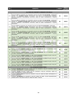 141
NO. CONCEPTO UNIDAD
PRECIO
UNITARIO
23).-PISOS DE CONCRETO ARMADOS CON MALLA
217
PISO DE 8 CM. DE ESPESOR, DE CONCRETO HECHO EN OBRA F'C=150 KG/CM2., AGREGADO
MAXIMO 3/4", ACABADO PULIDO, REFORZADO CON MALLA ELECTROSOLDADA 6-6/10-10,
INCLUYE: CIMBRADO, DESCIMBRADO, MATERIAL, MANO DE OBRA, HERRAMIENTA Y EQUIPO
NECESARIO.
M2 $322.46
218
PISO DE 8 CM. DE ESPESOR, DE CONCRETO HECHO EN OBRA F'C=150 KG/CM2., AGREGADO
MAXIMO 3/4", ACABADO ESCOBILLADO, REFORZADO CON MALLA ELECTROSOLDADA 6-6/10-10,
INCLUYE: CIMBRADO, DESCIMBRADO, MATERIAL, MANO DE OBRA, HERRAMIENTA Y EQUIPO
NECESARIO.
M2 $305.91
219
PISO DE 10 CM. DE ESPESOR, DE CONCRETO HECHO EN OBRA F'C=150 KG/CM2., AGREGADO
MAXIMO 3/4", ACABADO PULIDO, REFORZADO CON MALLA ELECTROSOLDADA 6-6/10-10,
INCLUYE: CIMBRADO, DESCIMBRADO, MATERIAL, MANO DE OBRA, HERRAMIENTA Y EQUIPO
NECESARIO.
M2 $367.76
220
PISO DE 10 CM. DE ESPESOR, DE CONCRETO HECHO EN OBRA F'C=150 KG/CM2., AGREGADO
MAXIMO 3/4", ACABADO ESCOBILLADO, REFORZADO CON MALLA ELECTROSOLDADA 6-6 /10-10,
INCLUYE: CIMBRADO, DESCIMBRADO, MATERIAL, MANO DE OBRA, HERRAMIENTA Y EQUIPO
NECESARIO.
M2 $340.93
221
PISO DE 10 CM. DE ESPESOR, DE CONCRETO HECHO EN OBRA F'C=200 KG/CM2., AGREGADO
MAXIMO 3/4", ACABADO PULIDO, REFORZADO CON MALLA ELECTROSOLDADA 6-6/ 10-10,
INCLUYE: CIMBRADO, DESCIMBRADO, MATERIAL, MANO DE OBRA, HERRAMIENTA Y EQUIPO
NECESARIO.
M2 $379.00
222
PISO DE 10 CM. DE ESPESOR, DE CONCRETO HECHO EN OBRA F'C=200 KG/CM2., AGREGADO
MAXIMO 3/4," ACABADO ESCOBILLADO, REFORZADO CON MALLA ELECTROSOLDADA 6-6/10-10,
INCLUYE: CIMBRADO, DESCIMBRADO, MATERIAL, MANO DE OBRA, HERRAMIENTA Y EQUIPO
NECESARIO.
M2 $352.17
24).-FINOS PARA PISO
223
FINO DE MORTERO CEMENTO-ARENA 1:4, DE 2.5 CM. DE ESPESOR, INCLUYE: MATERIAL, MANO
DE OBRA, HERRAMIENTA Y EQUIPO NECESARIO.
M2 $73.93
224
FINO DE MORTERO CEMENTO-ARENA 1:5, DE 2.5 CM. DE ESPESOR, INCLUYE: MATERIAL, MANO
DE OBRA, HERRAMIENTA Y EQUIPO NECESARIO.
M2 $68.94
225
FINO DE MORTERO CEMENTO-ARENA 1:4, DE 3 CM. DE ESPESOR, ACABADO PULIDO, INCLUYE:
MATERIAL, MANO DE OBRA, HERRAMIENTA Y EQUIPO NECESARIO.
M2 $110.02
226
FINO DE MORTERO CEMENTO-ARENA 1:5, DE 3 CM. DE ESPESOR, ACABADO PULIDO, INCLUYE:
MATERIAL, MANO DE OBRA, HERRAMIENTA Y EQUIPO NECESARIO.
M2 $102.76
227
FINO DE MORTERO CEMENTO-ARENA 1:4, DE 5 CM. DE ESPESOR, ACABADO PULIDO, INCLUYE:
MATERIAL, MANO DE OBRA, HERRAMIENTA Y EQUIPO NECESARIO.
M2 $153.02
228
FINO DE MORTERO CEMENTO-ARENA 1:5, DE 5 CM. DE ESPESOR, ACABADO PULIDO, INCLUYE:
MATERIAL, MANO DE OBRA, HERRAMIENTA Y EQUIPO NECESARIO.
M2 $143.10
25).-ACABADOS SOBRE PISOS
228
ACABADO ESCOBILLADO INTEGRAL SOBRE PISO DE CONCRETO, INCLUYE: MATERIAL, MANO
DE OBRA, HERRAMIENTA Y EQUIPO NECESARIO.
M2 $28.26
229
ACABADO PULIDO INTEGRAL SOBRE PISO DE CONCRETO, INCLUYE: MATERIAL, MANO DE
OBRA, HERRAMIENTA Y EQUIPO NECESARIO.
M2 $44.80
230
ACABADO MARTELINADO EN PISOS DE CONCRETO, INCLUYE: MANO DE OBRA, HERRAMIENTA Y
EQUIPO NECESARIO.
M2 $164.00
231
ACABADO ESTAMPADO EN CONCRETO, INCLUYE: MANO DE OBRA, COLOR ENDURECEDOR,
DESMOLDANTE, SELLADOR ACRILICO, MANO DE OBRA, Y MOLDE.
M2 $107.46
 