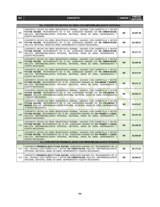 154
NO. CONCEPTO UNIDAD
PRECIO
UNITARIO
50).-CONCRETOS HECHOS EN OBRA CON IMPERMEABILIZANTE INTEGRAL
401
CONCRETO HECHO EN OBRA RESISTENCIA NORMAL, VACIADO CON CARRETILLA Y BOTES
F'C=100 KG/CM2., REVENIMIENTO DE 10 CM., AGREGADO MAXIMO 3/4" EN CIMENTACION,
INCLUYE: IMPERMEABILIZANTE INTEGRAL, MATERIAL, MANO DE OBRA, HERRAMIENTA Y
EQUIPO NECESARIO.
M3 $2,057.59
402
CONCRETO HECHO EN OBRA RESISTENCIA NORMAL, VACIADO CON CARRETILLA Y BOTES
F'C=150 KG/CM2., REVENIMIENTO DE 10 CM., AGREGADO MAXIMO 3/4" EN CIMENTACION,
INCLUYE: MATERIAL, MANO DE OBRA, HERRAMIENTA Y EQUIPO NECESARIO.
M3 $2,198.81
403
CONCRETO HECHO EN OBRA RESISTENCIA NORMAL, VACIADO CON CARRETILLA Y BOTES
F'C=200 KG/CM2., REVENIMIENTO DE 10 CM., AGREGADO MAXIMO 3/4" EN CIMENTACION,
INCLUYE: IMPERMEABILIZANTE INTEGRAL, MATERIAL, MANO DE OBRA, HERRAMIENTA Y
EQUIPO NECESARIO.
M3 $2,311.21
404
CONCRETO HECHO EN OBRA RESISTENCIA NORMAL, VACIADO CON CARRETILLA Y BOTES
F'C=250 KG/CM2., REVENIMIENTO DE 10 CM., AGREGADO MAXIMO 3/4" EN CIMENTACION,
INCLUYE: IMPERMEABILIZANTE INTEGRAL, MATERIAL, MANO DE OBRA, HERRAMIENTA Y
EQUIPO NECESARIO.
M3 $2,429.46
405
CONCRETO HECHO EN OBRA RESISTENCIA NORMAL, VACIADO CON CARRETILLA Y BOTES
F'C=300 KG/CM2., REVENIMIENTO DE 10 CM., AGREGADO MAXIMO 3/4" EN CIMENTACION,
INCLUYE: IMPERMEABILIZANTE INTEGRAL, MATERIAL, MANO DE OBRA, HERRAMIENTA Y
EQUIPO NECESARIO.
M3 $2,514.97
406
CONCRETO HECHO EN OBRA RESISTENCIA NORMAL, VACIADO CON CARRETILLA Y BOTES
F'C=200 KG/CM2., REVENIMIENTO DE 10 CM., AGREGADO MAXIMO 3/4" COLUMNAS Y MUROS,
INCLUYE: IMPERMEABILIZANTE INTEGRAL, MATERIAL, MANO DE OBRA, HERRAMIENTA Y
EQUIPO NECESARIO.
M3 $2,412.12
407
CONCRETO HECHO EN OBRA RESISTENCIA NORMAL, VACIADO CON CARRETILLA Y BOTES
F'C=250 KG/CM2., REVENIMIENTO DE 10 CM., AGREGADO MAXIMO 3/4" EN COLUMNAS Y
MUROS, INCLUYE: IMPERMEABILIZANTE INTEGRAL, MATERIAL, MANO DE OBRA, HERRAMIENTA
Y EQUIPO NECESARIO.
M3 $2,530.37
408
CONCRETO HECHO EN OBRA RESISTENCIA NORMAL, VACIADO CON CARRETILLA Y BOTES
F'C=300 KG/CM2., REVENIMIENTO DE 10 CM., AGREGADO MAXIMO 3/4" EN COLUMNAS Y
MUROS, INCLUYE: IMPERMEABILIZANTE INTEGRAL, MATERIAL, MANO DE OBRA, HERRAMIENTA
Y EQUIPO NECESARIO.
M3 $2,615.87
409
CONCRETO HECHO EN OBRA RESISTENCIA NORMAL, VACIADO CON CARRETILLA Y BOTES
F'C=200 KG/CM2., REVENIMIENTO DE 10 CM., AGREGADO MAXIMO 3/4" EN TRABES Y LOSAS,
INCLUYE: IMPERMEABILIZANTE INTEGRAL, MATERIAL, MANO DE OBRA, HERRAMIENTA Y
EQUIPO NECESARIO.
M3 $2,321.25
410
CONCRETO HECHO EN OBRA RESISTENCIA NORMAL, VACIADO CON CARRETILLA Y BOTES
F'C=250 KG/CM2., REVENIMIENTO DE 10 CM., AGREGADO MAXIMO 3/4" EN TRABES Y LOSAS,
INCLUYE: IMPERMEABILIZANTE INTEGRAL, MATERIAL, MANO DE OBRA, HERRAMIENTA Y
EQUIPO NECESARIO.
M3 $2,439.50
411
CONCRETO HECHO EN OBRA RESISTENCIA NORMAL, VACIADO CON CARRETILLA Y BOTES
F'C=300 KG/CM2., REVENIMIENTO DE 10 CM., AGREGADO MAXIMO 3/4" EN TRABES Y LOSAS,
INCLUYE: IMPERMEABILIZANTE INTEGRAL, MATERIAL, MANO DE OBRA, HERRAMIENTA Y
EQUIPO NECESARIO.
M3 $2,525.00
51).-CONCRETOS PREMEZCLADOS CON IMPERMEABILIZANTE INTEGRAL
412
CONCRETO PREMEZCLADO F'C=200 KG/CM2. AGREGADO MAXIMO 3/4", REVENIMIENTO DE 10
CM., VACIADO CON CARRETILLA Y BOTES EN CIMENTACION, INCLUYE: IMPERMEABILIZANTE
INTEGRAL, MATERIAL, MANO DE OBRA, HERRAMIENTA Y EQUIPO NECESARIO.
M3 $2,173.42
413
CONCRETO PREMEZCLADO F'C=250 KG/CM2. AGREGADO MAXIMO 3/4", REVENIMIENTO DE 10
CM., VACIADO CON CARRETILLA Y BOTES EN CIMENTACION, INCLUYE: IMPERMEABILIZANTE
INTEGRAL, MATERIAL, MANO DE OBRA, HERRAMIENTA Y EQUIPO NECESARIO.
M3 $2,504.81
 