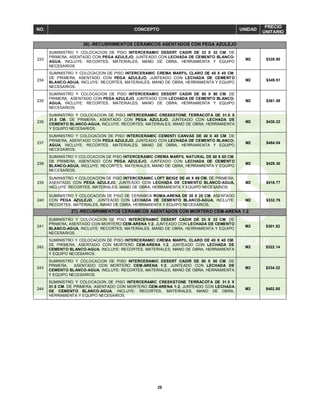 25
NO. CONCEPTO UNIDAD
PRECIO
UNITARIO
26).-RECUBRIMIENTOS CERAMICOS ASENTADOS CON PEGA AZULEJO
233
SUMINISTRO Y COLOCACION DE PISO INTERCERAMIC DESERT CADIR DE 33 X 33 CM. DE
PRIMERA, ASENTADO CON PEGA AZULEJO, JUNTEADO CON LECHADA DE CEMENTO BLANCO-
AGUA, INCLUYE: RECORTES, MATERIALES, MANO DE OBRA, HERRAMIENTA Y EQUIPO
NECESARIOS.
M2 $328.90
234
SUMINISTRO Y COLOCACION DE PISO INTERCERAMIC CREMA MARFIL CLARO DE 40 X 40 CM.
DE PRIMERA, ASENTADO CON PEGA AZULEJO, JUNTEADO CON LECHADA DE CEMENTO
BLANCO-AGUA, INCLUYE: RECORTES, MATERIALES, MANO DE OBRA, HERRAMIENTA Y EQUIPO
NECESARIOS.
M2 $349.51
235
SUMINISTRO Y COLOCACION DE PISO INTERCERAMIC DESERT CADIR DE 50 X 50 CM. DE
PRIMERA, ASENTADO CON PEGA AZULEJO, JUNTEADO CON LECHADA DE CEMENTO BLANCO-
AGUA, INCLUYE: RECORTES, MATERIALES, MANO DE OBRA, HERRAMIENTA Y EQUIPO
NECESARIOS.
M2 $361.59
236
SUMINISTRO Y COLOCACION DE PISO INTERCERAMIC CREEKSTONE TERRACOTA DE 31.5 X
31.5 CM. DE PRIMERA, ASENTADO CON PEGA AZULEJO, JUNTEADO CON LECHADA DE
CEMENTO BLANCO-AGUA, INCLUYE: RECORTES, MATERIALES, MANO DE OBRA, HERRAMIENTA
Y EQUIPO NECESARIOS.
M2 $430.22
237
SUMINISTRO Y COLOCACION DE PISO INTERCERAMIC CEMENTI CANVAS DE 40 X 40 CM. DE
PRIMERA, ASENTADO CON PEGA AZULEJO, JUNTEADO CON LECHADA DE CEMENTO BLANCO-
AGUA, INCLUYE: RECORTES, MATERIALES, MANO DE OBRA, HERRAMIENTA Y EQUIPO
NECESARIOS.
M2 $484.04
238
SUMINISTRO Y COLOCACION DE PISO INTERCERAMIC CREMA MARFIL NATURAL DE 60 X 60 CM.
DE PRIMERA, ASENTADO CON PEGA AZULEJO, JUNTEADO CON LECHADA DE CEMENTO
BLANCO-AGUA, INCLUYE: RECORTES, MATERIALES, MANO DE OBRA, HERRAMIENTA Y EQUIPO
NECESARIOS.
M2 $429.30
239
SUMINISTRO Y COLOCACION DE PISO INTERCERAMIC LOFT BEIGE DE 40 X 60 CM. DE PRIMERA,
ASENTADO CON PEGA AZULEJO, JUNTEADO CON LECHADA DE CEMENTO BLANCO-AGUA,
INCLUYE: RECORTES, MATERIALES, MANO DE OBRA, HERRAMIENTA Y EQUIPO NECESARIOS.
M2 $416.77
240
SUMINISTRO Y COLOCACION DE PISO DE CERAMICA ROMA-ARENA DE 20 X 20 CM. ASENTADO
CON PEGA AZULEJO, JUNTEADO CON LECHADA DE CEMENTO BLANCO-AGUA, INCLUYE:
RECORTES, MATERIALES, MANO DE OBRA, HERRAMIENTA Y EQUIPO NECESARIOS.
M2 $332.76
27).-RECUBRIMIENTOS CERAMICOS ASENTADOS CON MORTERO CEM-ARENA 1:2
241
SUMINISTRO Y COLOCACION DE PISO INTERCERAMIC DESERT CADIR DE 33 X 33 CM. DE
PRIMERA, ASENTADO CON MORTERO CEM-ARENA 1:2, JUNTEADO CON LECHADA DE CEMENTO
BLANCO-AGUA, INCLUYE: RECORTES, MATERIALES, MANO DE OBRA, HERRAMIENTA Y EQUIPO
NECESARIOS.
M2 $301.52
242
SUMINISTRO Y COLOCACION DE PISO INTERCERAMIC CREMA MARFIL CLARO DE 40 X 40 CM.
DE PRIMERA, ASENTADO CON MORTERO CEM-ARENA 1:2, JUNTEADO CON LECHADA DE
CEMENTO BLANCO-AGUA, INCLUYE: RECORTES, MATERIALES, MANO DE OBRA, HERRAMIENTA
Y EQUIPO NECESARIOS.
M2 $322.14
243
SUMINISTRO Y COLOCACION DE PISO INTERCERAMIC DESERT CADIR DE 50 X 50 CM. DE
PRIMERA, ASENTADO CON MORTERO CEM-ARENA 1:2, JUNTEADO CON LECHADA DE
CEMENTO BLANCO-AGUA, INCLUYE: RECORTES, MATERIALES, MANO DE OBRA, HERRAMIENTA
Y EQUIPO NECESARIOS.
M2 $334.22
244
SUMINISTRO Y COLOCACION DE PISO INTERCERAMIC CREEKSTONE TERRACOTA DE 31.5 X
31.5 CM. DE PRIMERA, ASENTADO CON MORTERO CEM-ARENA 1:2, JUNTEADO CON LECHADA
DE CEMENTO BLANCO-AGUA, INCLUYE: RECORTES, MATERIALES, MANO DE OBRA,
HERRAMIENTA Y EQUIPO NECESARIOS.
M2 $402.85
 