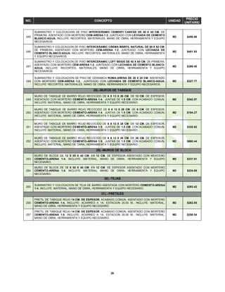26
NO. CONCEPTO UNIDAD
PRECIO
UNITARIO
245
SUMINISTRO Y COLOCACION DE PISO INTERCERAMIC CEMENTI CANVAS DE 40 X 40 CM. DE
PRIMERA, ASENTADO CON MORTERO CEM-ARENA 1:2, JUNTEADO CON LECHADA DE CEMENTO
BLANCO-AGUA, INCLUYE: RECORTES, MATERIALES, MANO DE OBRA, HERRAMIENTA Y EQUIPO
NECESARIOS.
M2 $456.66
246
SUMINISTRO Y COLOCACION DE PISO INTERCERAMIC CREMA MARFIL NATURAL DE 60 X 60 CM.
DE PRIMERA, ASENTADO CON MORTERO CEM-ARENA 1:2, JUNTEADO CON LECHADA DE
CEMENTO BLANCO-AGUA, INCLUYE: RECORTES, MATERIALES, MANO DE OBRA, HERRAMIENTA
Y EQUIPO NECESARIOS.
M2 $401.93
247
SUMINISTRO Y COLOCACION DE PISO INTERCERAMIC LOFT BEIGE DE 40 X 60 CM. DE PRIMERA,
ASENTADO CON MORTERO CEM-ARENA 1:2, JUNTEADO CON LECHADA DE CEMENTO BLANCO-
AGUA, INCLUYE: RECORTES, MATERIALES, MANO DE OBRA, HERRAMIENTA Y EQUIPO
NECESARIOS.
M2 $389.40
248
SUMINISTRO Y COLOCACION DE PISO DE CERAMICA ROMA-ARENA DE 20 X 20 CM. ASENTADO
CON MORTERO CEM-ARENA 1:2, JUNTEADO CON LECHADA DE CEMENTO BLANCO-AGUA,
INCLUYE: RECORTES, MATERIALES, MANO DE OBRA, HERRAMIENTA Y EQUIPO NECESARIOS.
M2 $327.77
28).-MUROS DE TABIQUE
249
MURO DE TABIQUE DE BARRO ROJO RECOCIDO DE 6 X 13 X 26 CM. DE 13 CM. DE ESPESOR,
ASENTADO CON MORTERO CEMENTO-ARENA 1:4, JUNTAS DE 1.5 CM. CON ACABADO COMUN,
INCLUYE: MATERIAL, MANO DE OBRA, HERRAMIENTA Y EQUIPO NECESARIO.
M2 $342.57
250
MURO DE TABIQUE DE BARRO ROJO RECOCIDO DE 6 X 13 X 26 CM. DE 6 CM. DE ESPESOR,
ASENTADO CON MORTERO CEMENTO-ARENA 1:4, JUNTAS DE 1.5 CM. CON ACABADO COMUN,
INCLUYE: MATERIAL, MANO DE OBRA, HERRAMIENTA Y EQUIPO NECESARIO.
M2 $194.27
251
MURO DE TABIQUE DE BARRO ROJO RECOCIDO DE 6 X 13 X 26 CM. DE 13 CM. DE ESPESOR,
ASENTADO CON MORTERO CEMENTO-ARENA 1:5, JUNTAS DE 1.5 CM. CON ACABADO COMUN,
INCLUYE: MATERIAL, MANO DE OBRA, HERRAMIENTA Y EQUIPO NECESARIO.
M2 $335.62
252
MURO DE TABIQUE DE BARRO ROJO RECOCIDO DE 6 X 13 X 26 CM. DE 26 CM. DE ESPESOR,
ASENTADO CON MORTERO CEMENTO-ARENA 1:5, JUNTAS DE 1.5 CM. CON ACABADO COMUN,
INCLUYE: MATERIAL, MANO DE OBRA, HERRAMIENTA Y EQUIPO NECESARIO.
M2 $660.44
29).-MUROS DE BLOCK
253
MURO DE BLOCK DE 12 X 20 X 40 CM. EN 12 CM. DE ESPESOR ASENTADO CON MORTERO
CEMENTO-ARENA 1:4, INCLUYE: MATERIAL, MANO DE OBRA, HERRAMIENTA Y EQUIPO
NECESARIO.
M2 $237.61
254
MURO DE BLOCK DE 12 X 20 X 40 CM. EN 12 CM. DE ESPESOR ASENTADO CON MORTERO
CEMENTO-ARENA 1:5, INCLUYE: MATERIAL, MANO DE OBRA, HERRAMIENTA Y EQUIPO
NECESARIO.
M2 $234.89
30).-TEJAS
255
SUMINISTRO Y COLOCACION DE TEJA DE BARRO ASENTADA CON MORTERO CEMENTO-ARENA
1:4, INCLUYE: MATERIAL, MANO DE OBRA, HERRAMIENTA Y EQUIPO NECESARIO.
M2 $293.42
31).- PRETILES
256
PRETIL DE TABIQUE ROJO 14 CM. DE ESPESOR, ACABADO COMUN, ASENTADO CON MORTERO
CEMENTO-ARENA 1:4, INCLUYE: ACARREO A 1A. ESTACION 20.00 M., INCLUYE: MATERIAL,
MANO DE OBRA, HERRAMIENTA Y EQUIPO NECESARIO.
M2 $262.85
257
PRETIL DE TABIQUE ROJO 14 CM. DE ESPESOR, ACABADO COMUN, ASENTADO CON MORTERO
CEMENTO-ARENA 1:5, INCLUYE: ACARREO A 1A. ESTACION 20.00 M., INCLUYE: MATERIAL,
MANO DE OBRA, HERRAMIENTA Y EQUIPO NECESARIO.
M2 $256.54
 
