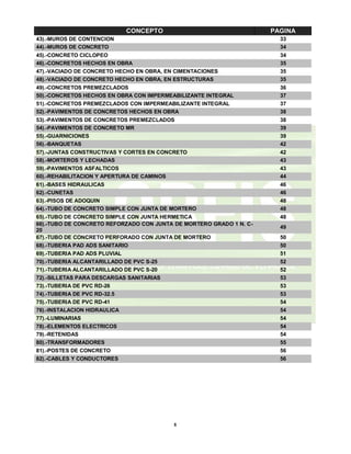 5
CONCEPTO PAGINA
43).-MUROS DE CONTENCION 33
44).-MUROS DE CONCRETO 34
45).-CONCRETO CICLOPEO 34
46).-CONCRETOS HECHOS EN OBRA 35
47).-VACIADO DE CONCRETO HECHO EN OBRA, EN CIMENTACIONES 35
48).-VACIADO DE CONCRETO HECHO EN OBRA, EN ESTRUCTURAS 35
49).-CONCRETOS PREMEZCLADOS 36
50).-CONCRETOS HECHOS EN OBRA CON IMPERMEABILIZANTE INTEGRAL 37
51).-CONCRETOS PREMEZCLADOS CON IMPERMEABILIZANTE INTEGRAL 37
52).-PAVIMENTOS DE CONCRETOS HECHOS EN OBRA 38
53).-PAVIMENTOS DE CONCRETOS PREMEZCLADOS 38
54).-PAVIMENTOS DE CONCRETO MR 39
55).-GUARNICIONES 39
56).-BANQUETAS 42
57).-JUNTAS CONSTRUCTIVAS Y CORTES EN CONCRETO 42
58).-MORTEROS Y LECHADAS 43
59).-PAVIMENTOS ASFALTICOS 43
60).-REHABILITACION Y APERTURA DE CAMINOS 44
61).-BASES HIDRAULICAS 46
62).-CUNETAS 46
63).-PISOS DE ADOQUIN 48
64).-TUBO DE CONCRETO SIMPLE CON JUNTA DE MORTERO 48
65).-TUBO DE CONCRETO SIMPLE CON JUNTA HERMETICA 48
66).-TUBO DE CONCRETO REFORZADO CON JUNTA DE MORTERO GRADO 1 N. C-
20
49
67).-TUBO DE CONCRETO PERFORADO CON JUNTA DE MORTERO 50
68).-TUBERIA PAD ADS SANITARIO 50
69).-TUBERIA PAD ADS PLUVIAL 51
70).-TUBERIA ALCANTARILLADO DE PVC S-25 52
71).-TUBERIA ALCANTARILLADO DE PVC S-20 52
72).-SILLETAS PARA DESCARGAS SANITARIAS 53
73).-TUBERIA DE PVC RD-26 53
74).-TUBERIA DE PVC RD-32.5 53
75).-TUBERIA DE PVC RD-41 54
76).-INSTALACION HIDRAULICA 54
77).-LUMINARIAS 54
78).-ELEMENTOS ELECTRICOS 54
79).-RETENIDAS 54
80).-TRANSFORMADORES 55
81).-POSTES DE CONCRETO 56
82).-CABLES Y CONDUCTORES 56
 