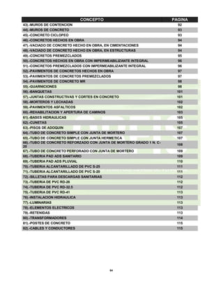 64
CONCEPTO PAGINA
43).-MUROS DE CONTENCION 92
44).-MUROS DE CONCRETO 93
45).-CONCRETO CICLOPEO 93
46).-CONCRETOS HECHOS EN OBRA 94
47).-VACIADO DE CONCRETO HECHO EN OBRA, EN CIMENTACIONES 94
48).-VACIADO DE CONCRETO HECHO EN OBRA, EN ESTRUCTURAS 94
49).-CONCRETOS PREMEZCLADOS 95
50).-CONCRETOS HECHOS EN OBRA CON IMPERMEABILIZANTE INTEGRAL 96
51).-CONCRETOS PREMEZCLADOS CON IMPERMEABILIZANTE INTEGRAL 96
52).-PAVIMENTOS DE CONCRETOS HECHOS EN OBRA 97
53).-PAVIMENTOS DE CONCRETOS PREMEZCLADOS 97
54).-PAVIMENTOS DE CONCRETO MR 98
55).-GUARNICIONES 98
56).-BANQUETAS 101
57).-JUNTAS CONSTRUCTIVAS Y CORTES EN CONCRETO 101
58).-MORTEROS Y LECHADAS 102
59).-PAVIMENTOS ASFALTICOS 102
60).-REHABILITACION Y APERTURA DE CAMINOS 103
61).-BASES HIDRAULICAS 105
62).-CUNETAS 105
63).-PISOS DE ADOQUIN 107
64).-TUBO DE CONCRETO SIMPLE CON JUNTA DE MORTERO 107
65).-TUBO DE CONCRETO SIMPLE CON JUNTA HERMETICA 107
66).-TUBO DE CONCRETO REFORZADO CON JUNTA DE MORTERO GRADO 1 N. C-
20
108
67).-TUBO DE CONCRETO PERFORADO CON JUNTA DE MORTERO 109
68).-TUBERIA PAD ADS SANITARIO 109
69).-TUBERIA PAD ADS PLUVIAL 110
70).-TUBERIA ALCANTARILLADO DE PVC S-25 111
71).-TUBERIA ALCANTARILLADO DE PVC S-20 111
72).-SILLETAS PARA DESCARGAS SANITARIAS 112
73).-TUBERIA DE PVC RD-26 112
74).-TUBERIA DE PVC RD-32.5 112
75).-TUBERIA DE PVC RD-41 113
76).-INSTALACION HIDRAULICA 113
77).-LUMINARIAS 113
78).-ELEMENTOS ELECTRICOS 113
79).-RETENIDAS 113
80).-TRANSFORMADORES 114
81).-POSTES DE CONCRETO 115
82).-CABLES Y CONDUCTORES 115
 