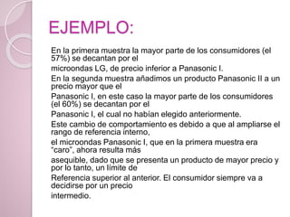 EJEMPLO:
En la primera muestra la mayor parte de los consumidores (el
57%) se decantan por el
microondas LG, de precio inferior a Panasonic I.
En la segunda muestra añadimos un producto Panasonic II a un
precio mayor que el
Panasonic I, en este caso la mayor parte de los consumidores
(el 60%) se decantan por el
Panasonic I, el cual no habían elegido anteriormente.
Este cambio de comportamiento es debido a que al ampliarse el
rango de referencia interno,
el microondas Panasonic I, que en la primera muestra era
“caro”, ahora resulta más
asequible, dado que se presenta un producto de mayor precio y
por lo tanto, un límite de
Referencia superior al anterior. El consumidor siempre va a
decidirse por un precio
intermedio.
 