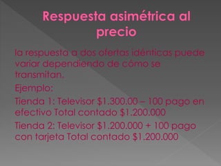 la respuesta a dos ofertas idénticas puede
variar dependiendo de cómo se
transmitan.
Ejemplo:
Tienda 1: Televisor $1.300.00 – 100 pago en
efectivo Total contado $1.200.000
Tienda 2: Televisor $1.200.000 + 100 pago
con tarjeta Total contado $1.200.000
 
