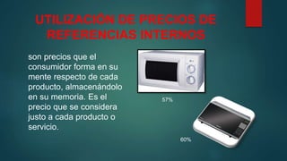 UTILIZACIÓN DE PRECIOS DE
REFERENCIAS INTERNOS
son precios que el
consumidor forma en su
mente respecto de cada
producto, almacenándolo
en su memoria. Es el
precio que se considera
justo a cada producto o
servicio.
57%
60%
 