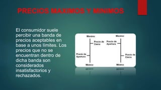 PRECIOS MAXIMOS Y MINIMOS
El consumidor suele
percibir una banda de
precios aceptables en
base a unos límites. Los
precios que no se
encuentran dentro de
dicha banda son
considerados
insatisfactorios y
rechazados.
 