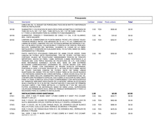 Presupuesto
Total
Precio unitario
Unidad
Cantidad
Descripción
Clave
CABLE DEL No. 12, SOQUET DE PORCELANA, FOCO DE 60 WATTS Y MATERIALES
PARA SU INSTALACION
$0.00
$506.48
PZA
0.00
SUMINISTRO Y COLOCACION DE MUFA SECA PARA ACOMETIDA C/ ENTRADA DE
TUBO DE Fo.Fo. DE 1 1/2"; INCL. TUBO DE Fo.Fo. DE 1 1/2" DE DIAM., CABLE CAL
8, Y TODO LO NECESARIO PARA SU CORRECTO FUNCIONAMIENTO.
06158
$0.00
$18.42
ML
0.00
SUMINISTRO, TENDIDO Y TENSIONADO DE CABLE 1+1 CAL. 8 DE ALUMINIO;
INCL. CINTA AISLANTE
06159
$0.00
$352.81
PZA
0.00
LAMPARA DE SOBREPONER EN PLAFÓN MARCA TECNO LITE CÓDIGO YDLED-
134/5W/30 MODELO BETAL CON MEDIDAS DE 75 mm x 75 mm, FABRICADA EN
LAMINA DE ACERO, LAMPARA TIPO LED, POTENCIA MÁXIMA 5W OPERADA A 100 -
24V LUZ BLANCO CALIDO, COLOR BLANCO Y PANTALLA DE CRISTAL PERLADO,
INCLUYE: SUMINISTRO DEL MATERIAL, ACARREO AL LUGAR DE LA OBRA,
INSTALACIÓN Y CONEXIÓN EN CUALQUIER NIVEL Y/O ALTURA, MANO DE OBRA,
HERRAMIENTAS Y PRUEBAS.
06160
$0.00
$350.00
M2
0.00
PASTO SINTETICO EPICGRASS FIBRILADO DE 40MM COLOR VERDE, PARA
CANCHA DE FUTBOL SIETE PROFESIONAL, TIPO DE TEJIDO: TUFTING PELO
CORTADO, HILADO: MF POLIETILENO 10800/6DINNER THIOLON DE TENCATE
IMPORTADO, ANCHO DE FIBRA: 1.4MM, ESPESOR: 0.26MM, RESITENCIA A LA
TENSION 93N. CON TRIPLE BACKING DE POLIETILENO DE 3.70, CON DOBLE
BASE REFORZADA DURABAC+ ACTION BAC, BASE DE SBR ESTIRENO
BUTADIENO CARBOXIDATADO 220GRAMOS M2. COLOR NEGRO CON GRIS
URDIME Y TRAMA. CON ENGOMADO DE RESINA ACRILICA ESTIRINADA,
PUNTADAS A CADA 12.5/10CM, GAUGUE DE ¾, ALTURA DE PELO 40MM, ANCHO
DE TEJIDO 3.66.PARA CANCHA DE FUTBOL SIETE 750 GR/M2 LÍNEAS
INJERTADAS DEL MISMO TIPO DE PASTO DOBLE FIBRA 40 EN COLOR BLANCO
( NO PINTADAS) GARANTÍA DE 9 AÑOS MATERIAL, 2 AÑOS VICIOS OCULTOS DE
MANO DE OBRA; INCLUYE: SUMINISTRO, INSTALACION Y DESPERDICIO DEL 5%.
CON MAYLARD PEGAMENTO ESPECIAL QUE CUBRA LA SUCCIÓN DE AIRE LIMITE
PARA LA ZONA CLIMÁTICA SOLICITADA (COMPROBABLE CON ANTECEDENTES
DE TRABAJOS SIMILARES REALIZADOS EN LA REGIÓN). ARENA SILICA BLANCA
40-60 A RAZÓN DE 25 A 29 KG/ M2, CAUCHO MOLIDO O RALLADO DE PRIMERA
CALIDAD LIMPIO ( SIN FIBRA METÁLICA ) A RAZÓN DE 7 KG/ M2, INCLUYE
FLETES, ACARREOS DE MATERIALES, MANO DE OBRA LOCAL, SUPERVISIÓN
CALIFICADA PERMANENTE EN EL ÁREA DE TRABAJO HERRAMIENTA Y TODO LO
NECESARIO PARA SU CORRECTA INSTALACIÓN.
06161
$0.00
$0.00
1.00
INSTALACIONES HIDRO-SANITARIAS
07
$0.00
$544.71
SAL
0.00
SAL. HIDR. Y SAN. P/ MUEB. SANIT. C/TUBO COBRE M Y SANIT. PVC C/CAMP.
ANGER Y LISO (2")
07001
$0.00
$902.98
PZA
0.00
SUM. Y COLOC. DE LAVABO DE CERAMICA COLOR BLANCO INCLUYE LLAVE DE
ALETA, MANGUERA COFLEX, CONTRA DE REJILLA Y CESPOL (CROMADOS).
07002
$0.00
$986.44
PZA
0.00
SUM. Y COLOC. DE W.C.CON TANQUE BAJO, DE CERAMICA COLOR BLANCO
INCLUYE PIJAS, CUELLO DE CERA, HERRAJE DE BRONCE Y PRUEBAS.
07003
$0.00
$478.35
PZA
0.00
SUM. Y COLOC. DE TANQUE BAJO PARA W.C. DE CERAMICA INCL. HERRAJES DE
BRONCE Y PRUEBA
07003A
$0.00
$423.81
SAL
0.00
SAL. HIDR. Y SAN. P/ MUEB. SANIT. C/TUBO COBRE M Y SANIT. PVC C/CAMP.
ANGER Y LISO (2")
07004
 