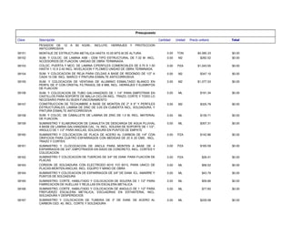 Presupuesto
Total
Precio unitario
Unidad
Cantidad
Descripción
Clave
PESADOS DE 12 A 60 KG/M., INCLUYE: HERRAJES Y PROTECCION
ANTICORROSIVA
$0.00
$4,585.33
TON
0.00
MONTAJE DE ESTRUCTURA METALICA HASTA 10.00 MTS.M DE ALTURA.
08151
$0.00
$282.52
M2
0.00
SUM. Y COLOC. DE LAMINA ASB - CEM TIPO ESTRUCTURAL DE 7.32 M. INCL.
ACCESORIOS DE FIJACION. UNIDAD DE OBRA TERMINADA.
08152
$0.00
$1,043.55
PZA
0.00
COLOC. PUERTA Y MCO. DE LAMINA C/PERFILES COMERCIALES DE 0.70 X 1.50
HASTA 1.10 X 2.40 INCL. NIVELACION Y PLOMEO UNIDAD DE OBRA TERMINADA.
08153
$0.00
$347.10
M2
0.00
SUM. Y COLOCACION DE REJA PARA CELDAS A BASE DE REDONDO DE 1/2" A
CADA 15 CM. INCL. MARCO Y PINTURA ESMALTE ANTICORROSIVA
08154
$0.00
$1,077.53
M2
0.00
SUM. Y COLOCACION DE VENTANA DE ALUMINIO ESMALTADO BLANCO EN
PERFIL DE 3" CON CRISTAL FILTRASOL DE 6 MM, INCL. HERRAJES Y ELEMNTOS
DE FIJACION
08155
$0.00
$191.34
ML
0.00
SUM. Y COLOCACION DE TUBO GALVANIZADO DE 1 1/4" PARA EMPOTRAR EN
CASTILLOS PARA SOPORTE DE MALLA CICLON INCL. TRAZO, CORTE Y TODO LO
NECESARIO PARA SU BUEN FUNCIONAMIENTO
08156
$0.00
$325.79
M2
0.00
CONSTRUCCION DE TECHUMBRE A BASE DE MONTEN DE 2" X 6" Y PERFILES
ESTRUCTURALES, LAMINA DE ZINC DE 3.05 EN CUBIERTA INCL. SOLDADURA, Y
PINTURA ESMALTE ANTICORROSIVA
08157
$0.00
$139.71
ML
0.00
SUM. Y COLOC. DE CABALLETE DE LAMINA DE ZINC DE 1.0 M, INCL. MATERIAL
DE FIJACION.
08158
$0.00
$357.31
ML
0.00
SUMINISTRO Y ELABORACION DE CANALETA DE DESCARGA DE AGUA PLUVIAL
A BASE DE LAMINA GALVANIZADA CAL. 14, INCL. SOLERA DE SOPORTE DE 1 1/2",
ANGULO DE 1 1/2" PARA ANCLAS, SOLDADURA EN PUNTOS DE EMPATE
08159
$0.00
$142.86
PZA
0.00
SUMINISTRO Y COLOCACION DE PLACA DE ACERO AL CARBON DE 1/4" CON
ORIFICIOS PARA CUATRO ESPARRAGOS CON MEDIDAS DE 20 X 20 CMS., INCL.
TRAZO Y CORTES
08160
$0.00
$165.59
PZA
0.00
SUMINISTRO Y CLOCOCACION DE ANCLA PARA MONTEN A BASE DE 4
ESPARRAGOS DE 3/4", EMPOTRADOS EN DADO DE CONCRETO, INCL. CORTES Y
COLOCACION
08161
$0.00
$26.41
PZA
0.00
SUMINISTRO Y COLOCACION DE TUERCAS DE 3/4" DE DIAM. PARA FIJACION DE
PLACAS
08162
$0.00
$56.52
ML
0.00
CORDON DE SOLDADURA CON ELECTRODO 6010 Y/O 6013, PARA UNICO DE
PLACAS-MONTEN-ANCLAS, INCL. EQUIPO Y MANO DE OBRA
08163
$0.00
$43.79
ML
0.00
SUMINISTRO Y COLOCACION DE ESPARRAGOS DE 3/4" DE DIAM. ICL. AMARRE Y
PUNTOS DE SOLDADURA
08164
$0.00
$59.66
ML
0.00
SUMINISTRO, CORTE, HABILITADO Y COLOCACION DE SOLERA DE 1 1/2" PARA
FABRICACION DE HUELLAS Y REJILLAS EN ESCALERA METALICA
08165
$0.00
$77.60
ML
0.00
SUMINISTRO, CORTE, HABILITADO Y COLOCACION DE ANGULO DE 1 1/2" PARA
FREFUERZO ESCALERA METALICA, ESCUADRAS EN ESTANTERIA, INCL.
SOLDADURA Y DESPERDICIOS
08166
$0.00
$229.08
ML
0.00
SUMINISTRO Y COLOCACION DE TUBERIA DE 3" DE DIAM. DE ACERO AL
CARBON CED. 40, INCL. CORTE Y SOLDADURA
08167
 
