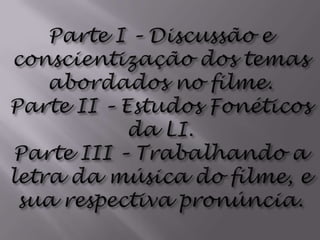 Parte I – Discussão e conscientização dos temas abordados no filme.Parte II – Estudos Fonéticos da LI.Parte III – Trabalhando a letra da música do filme, e sua respectiva pronúncia.