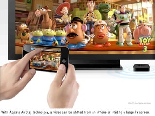 http://j.mp/apple-airplay



With Apple's Airplay technology, a video can be shifted from an iPhone or iPad to a large TV screen.
 