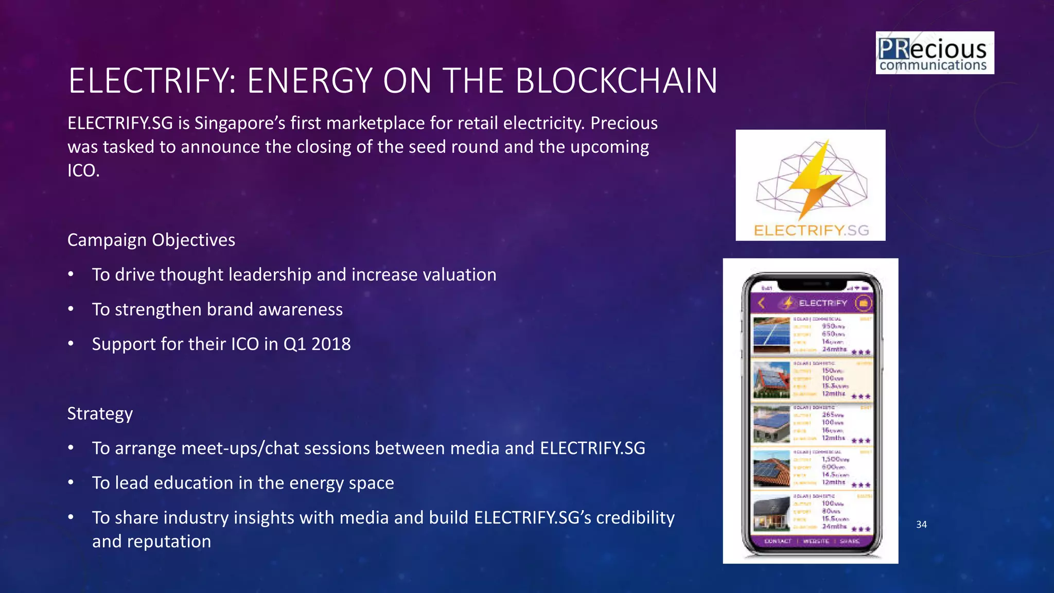 ELECTRIFY: ENERGY ON THE BLOCKCHAIN
ELECTRIFY.SG is Si gapore s first arketpla e for retail ele tri ity. Pre ious
was tasked to announce the closing of the seed round and the upcoming
ICO.
Campaign Objectives
• To drive thought leadership and increase valuation
• To strengthen brand awareness
• Support for their ICO in Q1 2018
Strategy
• To arrange meet-ups/chat sessions between media and ELECTRIFY.SG
• To lead education in the energy space
• To share industry insights with media and build ELECTRIFY.SG s redi ility
and reputation
34
 