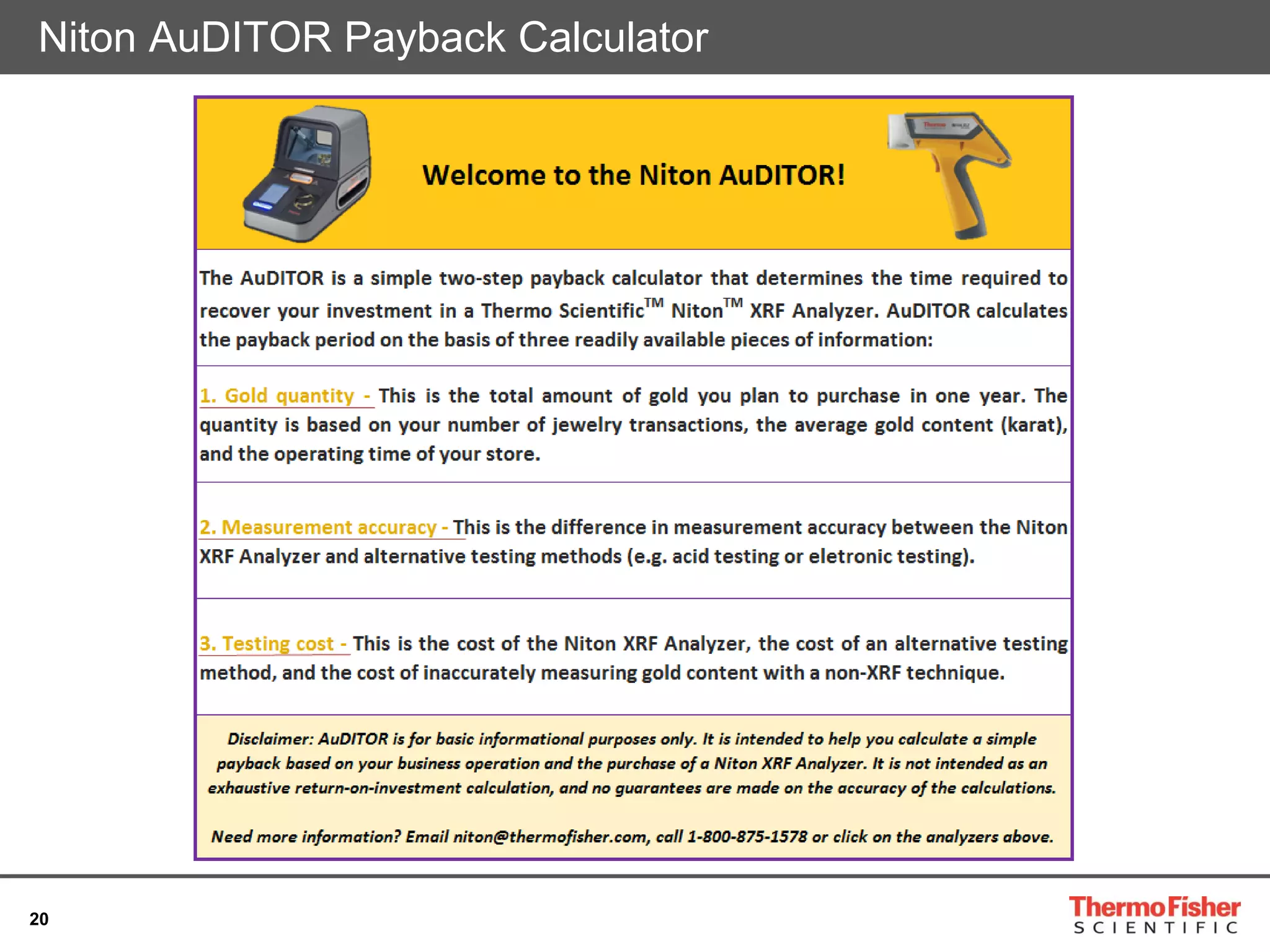 20
Niton AuDITOR Payback Calculator
 