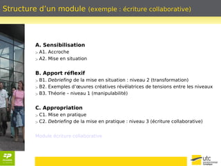 Structure d’un module (exemple : écriture collaborative) 
A. Sensibilisation 
> A1. Accroche 
> A2. Mise en situation 
B. Apport réflexif 
> B1. Debriefing de la mise en situation : niveau 2 (transformation) 
> B2. Exemples d’oeuvres créatives révélatrices de tensions entre les niveaux 
> B3. Théorie – niveau 1 (manipulabilité) 
C. Appropriation 
> C1. Mise en pratique 
> C2. Debriefing de la mise en pratique : niveau 3 (écriture collaborative) 
Module écriture collaborative 
 