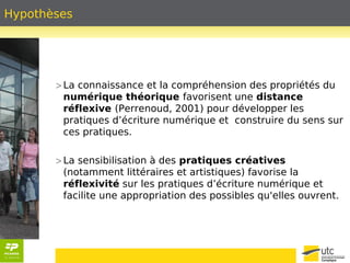 Hypothèses 
> La connaissance et la compréhension des propriétés du 
numérique théorique favorisent une distance 
réflexive (Perrenoud, 2001) pour développer les 
pratiques d’écriture numérique et construire du sens sur 
ces pratiques. 
> La sensibilisation à des pratiques créatives 
(notamment littéraires et artistiques) favorise la 
réflexivité sur les pratiques d’écriture numérique et 
facilite une appropriation des possibles qu'elles ouvrent. 
 