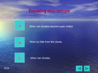 Freezing rain occurs When ice falls from the clouds. When rain droplets become super chilled. When rain drizzles. 6/10 