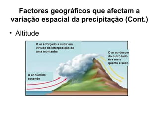 Factores geográficos que afectam a
variação espacial da precipitação (Cont.)
• Altitude
 
