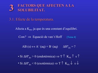 3    FACTORS QUE AFECTEN A LA
     SOLUBILITAT.

3.1. Efecte de la temperatura.

    Afecta a KPS, ja que és una constant d’equilibri.

      Com? ⇒ Equació de van´t Hoff          [Tema 4]



         AB (s) ↔ A+ (aq) + B- (aq)      ∆Hºdis = ?


      • Si ∆Hºdis > 0 (endotèrmica) ⇒ T ↑ KPS ↑ s ↑

      • Si ∆Hºdis < 0 (exotèrmica) ⇒ T ↑ KPS ↓ s ↓
 