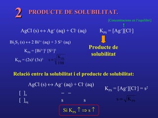 2         PRODUCTE DE SOLUBILITAT.
                                                         [Concentracions en l’equilibri]


      AgCl (s) ↔ Ag+ (aq) + Cl- (aq)                 KPS = [Ag+][Cl-]

Bi2S3 (s) ↔ 2 Bi3+ (aq) + 3 S2- (aq)
                                                 Producte de
        KPS = [Bi ] [S ]
                  3+ 2    2- 3

                                 K PS
                                                  solubilitat
   KPS = (2s)2 (3s)3     s=5
                                 108

  Relació entre la solubilitat i el producte de solubilitat:

          AgCl (s) ↔ Ag+ (aq) + Cl- (aq)
                                                       KPS = [Ag+][Cl-] = s2
     [ ]o                          −−
     [ ]eq                         s         s                 s = K PS

                                    Si KPS ↑ ⇒ s ↑
 