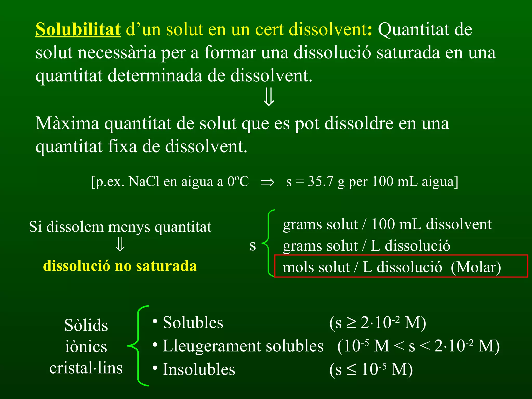 Si dissolem menys quantitat  dissolució no saturada Solubilitat   d’un solut en un cert dissolvent :  Quantitat de solut necessària per a formar una dissolució saturada en una quantitat determinada de dissolvent.    Màxima quantitat de solut que es pot dissoldre en una quantitat fixa de dissolvent. [p.ex. NaCl en aigua a 0ºC   s = 35.7 g per 100 mL aigua] s grams solut / 100 mL dissolvent grams solut / L dissolució mols solut / L dissolució  (Molar) Sòlids iònics cristal  lins Solubles   (s    2  10 -2  M) Lleugerament solubles  (10 -5  M < s < 2  10 -2  M) Insolubles   (s    10 -5  M) 