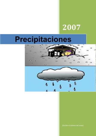 Precipitaciones2007[Escribir el nombre del autor]19582093160964rightcenter<br />00Sept‐2007 <br />Precipitaciones <br />Concepto. Tipos <br />   Precipitación es cualquier agua meteórica recogida sobre la superficie terrestre. Esto <br />incluye básicamente: lluvia, nieve y granizo. (También rocío y escarcha que en algunas <br />regiones constituyen una parte pequeña pero apreciable de la precipitación total) <br />En relación a su origen, pueden distinguirse los siguientes tipos: <br />   Las ciclónicas son las provocadas por los frentes asociados a una borrasca o ciclón. La mayor <br />   parte del volumen de precipitación recogido en una cuenca se debe a este tipo de <br />   precipitaciones . <br />   Las de convección se producen por el ascenso de bolsas de aire caliente; son las tormentas de <br />   verano.  <br />   Las precipitaciones orográficas se presentan cuando masas de aire húmedo son obligadas a <br />   ascender al encontrar una barrera montañosa.  <br />   El estudio de las precipitaciones es básico dentro de cualquier estudio hidrológico <br />regional, para cuantificar los recursos hídricos, puesto que constituyen la principal (en <br />general la única) entrada de agua a una cuenca. También es fundamental en la previsión de <br />avenidas, diseño de obras públicas, estudios de erosión, etc. <br />   Intensidad de precipitación es igual a precipitación/tiempo. <br />Medida. Unidades <br />   Podemos cuantificar las precipitaciones caídas en un punto mediante <br />cualquier recipiente de paredes rectas, midiendo después la lámina de <br />agua recogida. La unidad de medida es el milímetro1. Es obvio que el tamaño <br />del recipiente de medida no influye en el espesor de la lámina de agua <br />recogida. <br />   La intensidad de precipitación, aunque conceptualmente se refiere a una <br />instante, suele expresarse en mm/hora. <br />   Pluviómetros: Para poder leer con más precisión el agua recogida (± 0,1 <br />mm) un pluviómetro recoge el agua en una bureta de sección menor a la <br />de la boca del pluviómetro. La lectura del agua recogida se efectúa una <br />vez al día2. <br /> En realidad, sí se aprecian pequeñísimas variaciones dependiendo del tamaño <br />del recipiente, y también de la altura desde el suelo, por lo que cada país fija estos <br />                                                 <br />   La unidad de litros / m2 es equivalente al mm.:Un litro repartido por una superficie de 1 m2 origina una <br />lámina de agua de 1 mm. <br />1<br />   En zonas difícilmente accesibles, a veces se instalan pluviómetros totalizadores, de mayor tamaño y con una <br />sustancia oleosa recubriendo el agua para evitar la evaporación. <br />2<br />F. Javier Sánchez San Román‐‐Dpto. Geología‐‐Univ. Salamanca (España)               http://web.usal.es/javisan/hidro<br />.  Pág. 1 <br />00parámetros: En España, la boca del pluviómetro es de 200 cm2 y debe estar a 1,5 metros de altura <br />sobre el suelo. <br />   El máximo error puede proceder <br />de una ubicación defectuosa del <br />pluviómetro. La norma fundamental <br />es que debe estar alejado de árboles <br />o construcciones elevadas, en <br />general a más del doble de la altura <br />del obstáculo. <br />   Pluviógrafos: En general, una medida al día de la precipitación puede ser suficiente, <br />pero en muchas ocasiones necesitamos un registro continuo del fenómeno; por ejemplo, si <br />                                    en un día han caído 100 mm., la avenida que se <br />                                    originará será muy diferente si se han registrado a lo <br />                                    largo de todo el día o si han caído en una hora. <br />                                        Un pluviógrafo clásico funciona como un <br />                                    pluviómetro pero que registra la evolución de la <br />                                    precipitación con el tiempo, bien con tinta y papel, bien <br />                                    digitalmente. En algunos modelos, el pluviógrafo está <br />                                    dotado de un flotador que hace subir a una plumilla que <br />                                    registra gráficamente el llenado del recipiente a lo largo <br />                                    del tiempo.  <br />                                       Otros modelos (de “cangilones”) funcionan con dos <br />                                    pequeños recipientes dispuestos en forma de columpio <br />                                    o balancín, y que recogen alternativamente agua en uno <br />y otro lado (Cuando un lado se llena, el peso vuelca el balancín y el agua comienza a caer <br />en el otro lado). El agua recogida en cada vuelco equivale normalmente a 0,2 mm de <br />precipitación. <br />   Con cualquiera de los sistemas, los aparatos <br />más modernos registran los datos <br />electrónicamente, no se dibujan sino que son <br />grabados en un ordenador, o los comunican <br />instantáneamente a una oficina central (por <br />ejemplo, para previsión de avenidas). <br />   El gráfico obtenido directamente con la <br />plumilla o representando los datos digitales, se <br />denomina pluviograma, y refleja la <br />precipitación acumulada en función del <br />tiempo. <br />    La pendiente del gráfico obtenido en el <br />pluviógrafo nos permite calcular la intensidad <br />de precipitación en cada momento. <br />  Nivómetros: Los más básicos están constituidos <br />por una superficie, similar a una mesa, con una <br />escala en centímetros para medir el espesor caído. <br />Pluviógrafo de cangilones digital. El tubo de la<br />izquierda es la carcasa que recubre lo demás <br />Foto de http://www.tecmes.com <br />F. Javier Sánchez San Román‐‐Dpto. Geología‐‐Univ. Salamanca (España)               http://web.usal.es/javisan/hidro<br />.  Pág. 2 <br />00Aproximadamente, 1 cm. de nieve equivale a, u origina, 1 mm. de agua, aunque puede variar de <br />0,5 a 2 mm, dependiendo de la densidad de la nieve. En zonas de alta montaña, a veces se instalan <br />estacas con marcas de colores visibles a gran distancia. <br />   Redes pluviométricas. Generalmente se utilizan datos pluviométricos recogidos por el <br />organismo estatal o regional correspondiente. Cada país dispone de una red de <br />pluviómetros y son estos datos los que se utilizan para cualquier estudio; raramente se <br />instalan algunos para una investigación concreta. Una red de pluviómetros debe estar <br />adecuadamente diseñada, dependiendo del relieve, de la densidad de población, del <br />interés para obras hidráulicas, previsión de avenidas, etc. Como primera aproximación, en <br />zonas llanas puede bastar con un pluviómetro cada 250 km2, pero en zonas de montaña la <br />densidad debe ser mayor. <br />Elaboración de los datos pluviométricos de un punto <br />    Depende de los objetivos del trabajo. Para el estudio de los recursos hídricos de una <br />región, trabajaremos con datos de precipitaciones mensuales y anuales. En cambio, si nos <br />interesan las precipitaciones como generadoras de caudales excepcionales (avenidas), <br />comenzaremos por precipitaciones <br />                                                45<br />máximas diarias (el día más lluvioso de <br />                                                40<br />cada año), para aumentar el detalle hasta 35<br />                                                30las horas o minutos más lluviosos. <br />                                                25<br />    En cualquier caso, a partir de las <br />                                                20<br />medidas realizadas en una estación 15<br />                                                10pluviométrica, se computan básicamente: <br />                                                 5<br />P diaria, P mensual y P anual (“Módulo <br />                                                 0<br />                                                    sep oct nov dic ene feb mar abr may jun jul ago seppluviométrico”), obtenidas simplemente <br />                                                 Precipitaciones mensuales medias en Matacánsumando las precipitaciones diarias del <br />                                                 (Salamanca) (1945-94)<br />mes y del año. El año hidrológico va del 1 Se ha repetido Septiembre en ambos extremos para apreciar<br />                                                 gráficamente la evolución a lo largo de todo el periodo anual<br />de Octubre al 30 de Septiembre3. <br />    El paso siguiente es calcular los valores medios para una serie de años: P mensual <br />media y P anual media. Para esto necesitamos disponer de series climáticas largas, en <br />general más de 20 años. Así podemos decir que la P anual media en un punto de 1972‐73 a <br />2003‐04 (32 años hidrológicos) es de 485 mm. Si decimos que la P media de Octubre para el <br />mismo periodo es de 63 mm., nos estamos refiriendo a la media aritmética de las <br />precipitaciones de los 32 Octubres de ese periodo. <br />     <br />     <br />                                                 <br />    O bien del 1 de Septiembre al 31 de Agosto. En España el año hidrológico comienza en 1 de Octubre <br />(Confederaciones Hidrográficas, INM (Inst. Nac. Meteorología); el año agrícola (a veces referido como <br />hidrometeorológico) comienza el 1 de Septiembre. No obstante, cuando el INM presenta un balance hídrico <br />lo hace comenzando en Septiembre, con lo que la confusión está asegurada. <br />3<br />En otras partes del mundo esto es variable según el régimen climático. <br />F. Javier Sánchez San Román‐‐Dpto. Geología‐‐Univ. Salamanca (España)               http://web.usal.es/javisan/hidro<br />.  Pág. 3 <br />Precipitación (mm)<br />00Hietogramas <br />   Un hietograma (del griego Hietos, lluvia) es un gráfico que expresa precipitación en <br />función del tiempo. En ordenadas puede figurar la <br />precipitación caída (mm), o bien la intensidad de <br />precipitación (mm/hora). <br />    Generalmente se representa como un histograma <br />(gráfico de barras, figura adjunta), aunque a veces <br />también se expresa como un gráfico de línea (como la <br />figura de más arriba, que sería un hietograma anual).  <br />   A veces un hietograma se refiere a un día o a una <br />tormenta concreta (en el eje de abcisas, las horas que <br />duró la tormenta); en otras ocasiones el periodo de <br />tiempo representado en el eje horizontal puede ser <br />más amplio: meses o años.  <br />   Para su elaboración, si se trata de un hietograma mensual o anual, bastará con <br />representar datos diarios. Si se trata de un hietograma de un día o de unas horas de <br />duración,  necesitamos una banda de pluviógrafo, leyendo la precipitación caída en los <br />intervalos elegidos, por ejemplo, de 10 en 10 minutos.  <br />   Si no se dispone de datos de pluviógrafo, sino solamente de la precipitación diaria, aún <br />se puede calcular la forma previsible del hietograma (ver al final del apartado siguiente) <br />Curva Intensidad‐Duración <br />   Esto es fundamental en cualquier problema que se necesite datos de precipitación de <br />intervalos cortos (por ej.: la precipitación caída en los 30 minutos más lluviosos del día). <br />Concretamente, lo utilizaremos para calcular, a partir de las precipitaciones, los caudales <br />generados en los cauces superficiales, por ejemplo para el diseño de obras públicas <br />relacionadas con la escorrentía superficial.  <br />   La curva Intensidad‐Duración expresa la máxima intensidad de precipitación para <br />diversos intervalos de tiempo. Por ejemplo, en la figura adjunta podemos leer (líneas de <br />puntos) que en los 5 minutos más <br />                                                               Curva Intensidad-Duración<br />                                                 30lluviosos la intensidad era de 30 <br />mm/hora, en los 10 minutos más <br />lluviosos (que incluirían a los 5 <br />                                                 20<br />anteriores) la intensidad es de 23 <br />mm/hora y a los 30 minutos más <br />lluviosos corresponden 12 mm/hora. <br />                                                 10<br />    Si se trata de un aguacero real, para <br />realizar la curva, se buscan en los datos <br />pluviográficos los 5 minutos de máxima <br />                                                  0<br />precipitación, los 10 minutos, etc... y se 2090300 5 1060<br />                                                                                          minutoscalcula la intensidad (en mm/hora) para <br />cada uno de esos intervalos.  <br />Intensidad (mm/h)<br />F. Javier Sánchez San Román‐‐Dpto. Geología‐‐Univ. Salamanca (España)               http://web.usal.es/javisan/hidro<br />.  Pág. 4 <br />00   Por ejemplo, si en los 10 minutos más lluviosos se recogieron 3,8 mm, la intensidad en <br />mm/hora sería igual a: <br />                                                 60<br />                           Intensidad = 3,8 mm.·= 22,8 mm / hora  <br />                                                 10<br />   Con frecuencia disponemos solamente del dato de la precipitación diaria. En este caso <br />existen diversas fórmulas para calcular la intensidad para un intervalo de tiempo menor <br />dentro de ese día (Ver Apéndice 1 y  Práctica P015). <br />Curvas Intensidad‐Duración‐Frecuencia (IDF) <br />    Una curva Intensidad‐<br />                                       200<br />Duración como la precedente <br />puede referirse a un aguacero <br />real que se ha producido, o bien <br />                                       150<br />puede proceder de un proceso <br />de cálculo y referirse a las <br />                                                   200<br />precipitaciones que podemos <br />                                       100<br />                                                  100<br />esperar en un determinado <br />                                                    50<br />periodo de retorno, por 25<br />                                                  10<br />ejemplo: 200 años. En este caso, 50<br />                                                  5<br />                                                 2la curva representa los 10 <br />minutos (20, 30, etc) más <br />                                          0<br />lluviosos que esperamos que se <br />                                            0<br />produzcan en este punto cada <br />200 años. <br />    Es usual representar conjuntamente varias <br />curvas Intensidad‐Duración para diversos <br />periodos de retorno, dando lugar a una <br />familia de curvas denominadas Intensidad‐<br />Duración‐Frecuencia4 (ʺCurvas IDFʺ). En <br />este tipo de gráficos aparecen varias curvas <br />intensidad‐duración correspondientes a <br />diversos periodos de retorno, por ejemplo: <br />10, 25, ... años. (Ver Apéndice 2, en el que se <br />esboza la metodología a seguir para la <br />elaboración de una curva IDF). 5 <br />    Para una mejor lectura, puede preferirse <br />representar las curvas IDF en escalas <br />logarítmicas. En la figura inferior aparecen <br />Intensidad (mm/h)<br />Curvas IDF para Matacán (Salamanca)<br />Periodo de retorno (años)<br />Ejemplo marcado con las<br />flechas punteadas:<br />En los 30 minutos de máxima<br />precipitación, con un periodo<br />de retorno de 50 años, la<br />intensidad es de 60 mm/hora<br />30<br />60<br />90<br />120<br />minutos<br />300<br />200<br />  100<br />   50<br />    25<br />    10<br />    5<br />2<br />Periodo de retorno (años)<br />Intensidad (mm/h)<br />100<br />10<br />5<br />10<br />100<br />200<br />minutos<br />                                                 <br />    La frecuencia es el inverso del periodo de retorno: Si algo sucede cada 50 años, su frecuencia es de 0,02 <br />(=1/50). Esto se trata en el tema Distribuciones Estadísticas (Sección Complementos) <br />4<br />    En Environmental Hdrology (Ward y Trimble, 2004, pp. 45‐47) se denominan curvas IDF al gráfico de <br />probabilidades: en el que se representa en un eje precipitaciones anuales ordenadas de mayor a menor, en el <br />otro la frecuencia o porcentaje de casos que superan cada valor. ¡Eso no son las curvas IDF! <br />5<br />F. Javier Sánchez San Román‐‐Dpto. Geología‐‐Univ. Salamanca (España)               http://web.usal.es/javisan/hidro<br />.  Pág. 5 <br />00las mismas curvas IDF del gráfico superior, pero en un gráfico logarítmico. <br />Estudio estadístico <br />   Cuando disponemos de series pluviométricas largas (en general, de más de 20 años) <br />podemos calcular qué probabilidad existe de que las precipitaciones del año próximo <br />superen un determinado valor, o, al revés, que precipitación se supera (por ejemplo) un <br />10% de años.  <br />   Este cálculo puede realizarse con series de precipitaciones anuales, mensuales o diarias <br />máximas. Por ejemplo, calcularíamos, respectivamente, qué probabilidad existe de que se <br />produzca una precipitación anual mayor de 950 mm/año, que el próximo mes de Abril se <br />superen los 140 mm o bien que el día más lluvioso del próximo año se recojan más de 65 <br />mm/día ( O inversamente: qué precipitación anual, mensual o diaria máxima se alcanzará o <br />superará con un probabilidad del 2%) <br />   En cualquiera de los casos, debe ajustarse la serie de datos a una ley estadística (Gauss, <br />Gumbel,..) <br />Ordenes de magnitud <br /> En España, la precipitación anual media oscila en la mayoría de las regiones entre 400 y 1000 mm., <br />aunque en el SE las medias anuales son inferiores a 300 mm. y en algunos puntos de Galicia y en <br />zonas de montaña presentan valores muy superiores a 1000 mm.  <br /> En el mundo encontramos precipitaciones desde 20‐30 mm/año (por ejemplo, El Cairo), hasta <br />valores superiores a 5000 mm./año en áreas sujetas a climas monzónicos. <br />  En cuanto a las intensidades, una lluvia ligera oscila entre 0,25 a 1 mm/hora, y una lluvia intensa o <br />torrencial sobrepasa los 20 mm./hora. Las precipitaciones que originan avenidas catastróficas son <br />excepcionalmente intensas, por ejemplo 210 mm. en 90 minutos (Valencia, 1957) o 300 mm. en 4 <br />horas (Cataluña, 1971). <br />Elaboración de los datos de una zona. Cálculo de la P media <br />   Normalmente  la  unidad  de  trabajo  será  una  cuenca  hidrológica,  y  los  objetivos  serán <br />básicamente  el  cálculo  de  la  precipitación  media  caída  sobre  la  cuenca  (o  su  equivalente:  el <br />volumen  total  de  agua  recogido  en  la  cuenca)  y,  eventualmente,  la  distribución  espacial  del <br />fenómeno, su variación en relación con alguna variable física de la cuenca.  <br />   Vamos a centrarnos en el cálculo de la P media caída sobre una cuenca en un periodo <br />determinado ( un día, un año,...). Una vez conocido este valor, se obtiene fácilmente el <br />volumen de agua caído multiplicando por la superficie total de la cuenca.  <br />   Si las estaciones pluviométricas estuvieran repartidas homogéneamente, bastaría con <br />calcular la media aritmética, pero como en las zonas de montaña la densidad de puntos es <br />mayor que en la llanura, este procedimiento genera un error grande. Se utilizan dos <br />procedimientos: el mapa de isoyetas y los polígonos de Thiessen. Previamente conviene <br />considerar la variación de la precipitación con la altitud. <br />F. Javier Sánchez San Román‐‐Dpto. Geología‐‐Univ. Salamanca (España)               http://web.usal.es/javisan/hidro<br />.  Pág. 6 <br />00Relación P‐altitud <br />   Se representa la P en función de la cota de cada estación pluviométrica. Las <br />precipitaciones aumentan con la altitud, hasta una cierta cota (“altura óptima pluvial”), a <br />partir de la cual se registran precipitaciones menores; esto sólo se aprecia en cuencas con <br />cotas elevadas, del orden de 2000 metros. <br />Mapa de isoyetas <br />   Se trazan isolíneas que engloben puntos comprendidos en los intervalos elegidos. El <br />valor de las isolíneas depende del periodo <br />considerado y de la extensión de la zona de estudio; <br />por ejemplo, para un mapa de isoyetas anuales <br />podrían representarse isoyetas de 100 en 100 mm., <br />aunque si se trata de un área sin grandes <br />variaciones en la pluviometría, el intervalo debería <br />ser menor. <br />  Al trazar las isolíneas, sin en alguna zona no <br />disponemos de suficientes puntos, las curvas de nivel <br />del mapa pueden servir de ayuda si previamente hemos <br />considerado la relación entre P y la altitud. <br /> También se puede confeccionar un mapa de isoyetas para un día, con el fin de estudiar un <br />aguacero determinado. En ese caso, la equidistancia entre isoyetas sería menor, por ejemplo de 10 <br />mm. <br />    Para calcular la P media (Pm), basta calcular la media ponderada: <br />    Los valores Si son las superficies obtenidas planimetrando las franjas que quedan entre <br />isoyetas, y Pi las precipitaciones asignadas a <br />                                                                                P +PP +P<br />                                                        S1 P '1 + S 2 1 2 + S3 2 3 + ... + Sn P 'ncada isoyeta (ver la Figura). Las <br />                                                                       22Pm =<br />precipitaciones correspondientes a las dos <br />                                                                           Stotal<br />franjas extremas (P’1 y P’n) se asignan a <br />estima:  <br />    Un mapa de isoyetas es un documento básico dentro del estudio hidrológico de una <br />cuenca: no solamente nos permite cuantificar el valor medio, como hemos indicado, sino <br />que presenta gráficamente la distribución espacial de la precipitación para el periodo <br />considerado <br />Polígonos de Thiessen <br />   Mientras que el procedimiento anterior <br />conlleva un cierto grado de subjetividad, el <br />trazado de polígonos es absolutamente <br />objetivo. Cada estación pluviométrica se rodea <br />de un polígono y se supone que todo el <br />polígono recibe la misma precipitación que el <br />punto central. <br />F. Javier Sánchez San Román‐‐Dpto. Geología‐‐Univ. Salamanca (España)               http://web.usal.es/javisan/hidro<br />.  Pág. 7 <br />00  Para trazar los polígonos se trazan las mediatrices (perpendicular en el punto medio) de los <br />segmentos que unen las diversas estaciones pluviométricas. <br />   Planimetrando los polígonos, obtenemos sus superficies (Si ), y la P media (Pm), se <br />calcula con la media ponderada: <br />   Tanto en esta fórmula como en la aplicada al mapa de S P + S 2 P2 + ... + S n Pn<br />                                                          Pm = 1 1<br />isoyetas, el numerador corresponde al volumen de agua <br />                                                                           S total<br />precipitado.  <br />Homogeneización de las series pluviométricas6 <br />  Esta es una fase de trabajo previa a la elaboración de isoyetas o cálculo de la P media. Si <br />todo lo anterior se refiere a la P media de una serie de años, debe realizarse sobre series de <br />datos análogas para todos los puntos. Sería incorrecto realizar, por ejemplo, un mapa de <br />isoyetas de una cuenca y que los datos de un punto fueran la media de 25 años y los de <br />otro de 13 años. Para que todos los valores de P media se refieran al mismo periodo es <br />preciso homogeneizar las series pluviométricas.  <br />  1º. Se elige un intervalo de años para el que la mayoría de las estaciones dispongan de <br />                                                                                  1990198019701960<br />series completas. Se desprecian <br />las estaciones con pocos datos Salamanca<br />en el intervalo elegido. Se Peñaranda<br />elabora un esquema con los Macotera<br />datos disponibles (dibujo <br />adjunto) <br />  2º. Si faltan algunos datos, se pueden estimar, estableciendo una correlación entre una <br />estación incompleta y otra estación completa próxima. Se establece la correlación <br />utilizando los años comunes entre dos estaciones, y con la ecuación obtenida se estiman los <br />datos que faltan a partir de los datos de la estación que sí los tiene. Con el esquema de <br />ejemplo adjunto, los datos inexistentes de Macotera se estimarían a partir de los de <br />Peñaranda, si previamente hemos establecido una buena correlación entre ambas, que <br />podría ser: <br />  PMacotera = PPeñaranda ∙ 1,083 + 23,61 <br />                                                 <br />6<br /> Sobre este aspecto, ver en la sección de “Prácticas” : Homogeneización de series pluviométricas. <br />.  Pág. 8 <br />F. Javier Sánchez San Román‐‐Dpto. Geología‐‐Univ. Salamanca (España)               http://web.usal.es/javisan/hidro<br />00Apéndice 1 : Cálculo de la intensidad de precipitación para un <br />                                          intervalo cualquiera <br />   Para España (MOPU, 1990; Ferrer, 1993), han desarrollado la siguiente formulación para <br />su aplicación con precipitaciones máximas: el día más lluvioso del año o el día más lluvioso <br />que se produce cada  (por ej.) 20 años; en este caso el dato de precipitación diaria procede <br />de un cálculo estadístico. <br />1º. Cálculo de la intensidad media diaria ( Id ) a partir de la precipitación diaria: <br />                                      Id = P día /24  <br />   2º. Obtención de la intensidad máxima para cualquier intervalo t.    <br />Del mapa adjunto (MOPU, 1990), leemos el coeficiente I1 / Id              (I1= Intensidad en una <br />hora; Id = Intensidad diaria)  <br />Si leemos, por ejemplo, 9, quiere decir que en la hora más lluviosa la intensidad es 9 veces mayor que la <br />intensidad media de todo el día <br />   Con estos datos ya podemos <br />calcular la intensidad para <br />cualquier intervalo, t, aplicando la <br />fórmula:  <br />                  ⎛ I 1 ⎞ 280.1 −1<br />                                             It = Id ⎜ ⎟<br />                  ⎜I ⎟<br />                  ⎝ d⎠<br />     donde: <br />Id = intensidad media diaria = P <br />     diaria /24 <br />I1 = Intensidad media en la hora <br />     más lluviosa de ese día. En la <br />     fórmula introducimos el valor <br />     de I1/Id leído directamente del <br />     mapa <br />t = periodo de tiempo (horas) para el que se quiere evaluar la intensidad <br />It = Intensidad media en el periodo t <br />     La fórmula original la hemos simplificado de este otro modo, más rápido para el <br />cálculo: <br />280 ,1 −t 0 ,1<br />         ⎛I ⎞<br />It = I d ⎜ 1 ⎟<br />         ⎝ Id ⎠<br />3,5287 − 2,5287.t 0,1<br /> <br />F. Javier Sánchez San Román‐‐Dpto. Geología‐‐Univ. Salamanca (España)               http://web.usal.es/javisan/hidro<br />.  Pág. 9 <br /> <br />I<br />.  Pág. 10 <br />Apéndice 2 : Elaboración de curvas IDF <br />-1076851-1199340<br />  1.  Los datos necesarios para la <br />elaboración de las curvas Intensidad‐<br />Duración ‐Frecuencia para una estación <br />pluviométrica aparecen en A‐1 (ejemplo <br />ficticio). Estos datos se obtienen <br />buscando, para cada año hidrológico, <br />los 5 minutos mas lluviosos del año, los <br />15 minutos más lluviosos, etc... (por <br />supuesto, pueden elegirse otros valores: <br />10 min, 20 min, etc) <br />  2.  Calcular la intensidad en cada <br />intervalo.  <br />  Por ejemplo, si en los 15 minutos mas <br />lluviosos del año 1980‐81 se recogieron <br />14,3 mm., la intensidad será la <br />correspondiente a 60 minutos será: <br />I(mm/h)= 14,3/15 x 60 = 57,2 mm/hora. <br />   Si en las 2 horas mas lluviosas del año <br />se recogieron 67,4 mm., la intensidad <br />será 67,4/2= 33,7 mm/hora.  <br /> Obtenemos una tabla del mismo tamaño que la inicial, pero todo expresado en mm/hora <br />(A‐2). <br />  3. En la nueva tabla (todo expresado en intensidades en mm/hora), trabajaremos con cada <br />una de las columnas separadamente; realizamos el ajuste a una ley de distribución, por <br />ejemplo Gumbel, y calculamos las intensidades correspondientes a los periodos de retorno <br />deseados para dibujar las curvas IDF, por ejemplo: 10, 25, 50 y 100 años. Obtendremos una <br />tabla como la indicada en A.3. <br />  4. Se representan gráficamente los valores de A‐3: los minutos de duración en abcisas, cada <br />una de las filas son los valores en ordenadas: una curva para 2 años, otra para 5 años, etc. <br />(ver las figuras análogas de la página 4). <br />F. Javier Sánchez San Román‐‐Dpto. Geología‐‐Univ. Salamanca (España)               http://web.usal.es/javisan/hidro<br />A-1: Precipitaciones máximas (mm) recogidas en los intervalos indicados<br /> Solamente apuntamos un esbozo de los pasos a seguir. Ver, por ejemplo, Aparicio (1997), <br />Chow et al. (1993) <br />  año<br />1980-81<br />1981-82<br />1982-83<br />1983-84<br /> etc...<br />5 min.<br />  8,5<br /> 12,1<br />  7,1<br /> 10,4<br />etc...<br />15 min.<br /> 14,3<br /> 21,9<br /> 11,5<br /> 16,8<br /> etc...<br />30 min.<br /> 24,9<br /> 35,2<br /> 20,1<br /> 29,1<br /> etc...<br />1 hora<br /> 38,5<br /> 57,7<br /> etc...<br />2 horas<br />  67,4<br /> 101,3<br /> etc...<br />A-2: Intensidad de precipitación (mm / hora)<br /> 5 min.15 min.30 min.1 hora<br /> 102,057,249,838,5<br /> 145,287,670,457,7<br />  85,246,040,2etc...<br /> 124,867,258,2<br /> etc...etc...etc...<br />  año<br />1980-81<br />1981-82<br />1982-83<br />1983-84<br /> etc...<br />2 horas<br />  33,7<br />  50,7<br /> etc...<br />      A-3: Intensidad de precipitación (mm / hora) calculada para<br />                      diversos periodos de retorno<br />p. retorno5 min.15 min.30 min.1 hora2 horas<br /> 2 años75,051,336,822,512,9<br /> 5 años92,267,646,427,716,7<br />10 años125,286,063,2etc...etc...<br />25 años154,8109,281,5<br />  etc...etc...etc...etc...<br />
