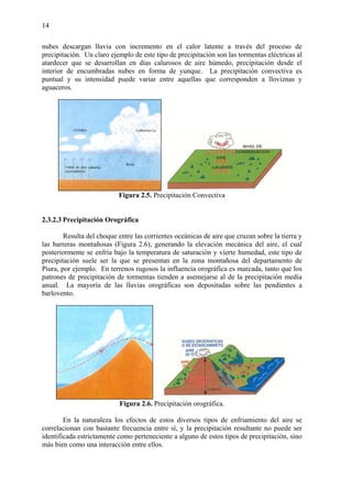 14
nubes descargan lluvia con incremento en el calor latente a través del proceso de
precipitación. Un claro ejemplo de este tipo de precipitación son las tormentas eléctricas al
atardecer que se desarrollan en días calurosos de aire húmedo, precipitación desde el
interior de encumbradas nubes en forma de yunque. La precipitación convectiva es
puntual y su intensidad puede variar entre aquellas que corresponden a lloviznas y
aguaceros.
Figura 2.5. Precipitación Convectiva
2.3.2.3 Precipitación Orográfica
Resulta del choque entre las corrientes oceánicas de aire que cruzan sobre la tierra y
las barreras montañosas (Figura 2.6), generando la elevación mecánica del aire, el cual
posteriormente se enfría bajo la temperatura de saturación y vierte humedad, este tipo de
precipitación suele ser la que se presentan en la zona montañosa del departamento de
Piura, por ejemplo. En terrenos rugosos la influencia orográfica es marcada, tanto que los
patrones de precipitación de tormentas tienden a asemejarse al de la precipitación media
anual. La mayoría de las lluvias orográficas son depositadas sobre las pendientes a
barlovento.
Figura 2.6. Precipitación orográfica.
En la naturaleza los efectos de estos diversos tipos de enfriamiento del aire se
correlacionan con bastante frecuencia entre sí, y la precipitación resultante no puede ser
identificada estrictamente como perteneciente a alguno de estos tipos de precipitación, sino
más bien como una interacción entre ellos.
 