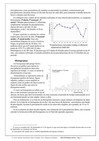 F. Javier Sánchez San Román--Dpto. Geología--Univ. Salamanca (España) http://hidrologia.usal.es. Pág. 3
precipitaciones como generadoras de caudales excepcionales (avenidas), comenzaremos por
precipitaciones máximas diarias (el día más lluvioso de cada año), para aumentar el detalle hasta las
horas o minutos más lluviosos.
En cualquier caso, a partir de las medidas realizadas en una estación pluviométrica, se computan
básicamente: P diaria, P mensual y P
anual (“Módulo pluviométrico”), obtenidas
simplemente sumando las precipitaciones
diarias del mes y del año. El año
hidrológico va del 1 de Octubre al 30 de
Septiembre2
.
El paso siguiente es calcular los valores
medios para una serie de años: P mensual
media y P anual media. Para esto
necesitamos disponer de series climáticas
largas, en general más de 20 años. Así
podemos decir que la P anual media en un
punto de 1972-73 a 2003-04 (32 años
hidrológicos) es de 485 mm. Si decimos que la P media de Octubre para el mismo periodo es de 63
mm., nos estamos refiriendo a la media aritmética de las precipitaciones de los 32 Octubres de ese
periodo.
Hietogramas
Un hietograma (del griego hietos,
lluvia) es un gráfico que expresa la
precipitación recogida en intervalos
regulares de tiempo. A veces se utiliza la
denominación yetograma.
Generalmente se representa como un
histograma (gráfico de barras, figura
adjunta), aunque a veces también se
expresa como un gráfico de línea (como la
figura de más arriba, que sería un
hietograma anual).
A veces un hietograma se refiere a un
día o a una tormenta concreta (en el eje de
abcisas, las horas que duró la tormenta); en otras ocasiones el periodo de tiempo representado en el
eje horizontal puede ser más amplio: meses o años.
Para su elaboración, si se trata de un hietograma mensual o anual, bastará con disponer de datos
diarios. Si se trata de un hietograma de un día o de unas horas de duración, necesitamos una banda
de pluviógrafo, leyendo la precipitación caída en los intervalos elegidos, por ejemplo, de 15 en 15
minutos.
Si no se dispone de datos de pluviógrafo, sino solamente de la precipitación diaria, aún se puede
calcular la forma previsible del hietograma (ver al final del apartado siguiente)
2
A veces se considera del 1 de Septiembre al 31 de Agosto, lo que sería más lógico; en España muchos años en el mes
de Septiembre ya comienzan las lluvias.
En otras partes del mundo esto es variable dependiendo del régimen climático.
Tiempo (horas)
P(mm)
0
1
2
3
4
5
6
2 4 6 8 10 12 14 16 18 20 22 24
Navalonguilla (río Tormes)
13 dic 2014
0
5
10
15
20
25
30
35
40
45
sep oct nov dic ene feb mar abr may jun jul ago sep
Precipitación(mm)
Precipitaciones mensuales medias en Matacán 
(Salamanca) (1945‐94) 
 