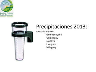 Precipitaciones 2013:
-departamentos:
        -Gualeguaychú
        -Gualeguay
        -Nogoyá
        -Uruguay
        -Villaguay
 