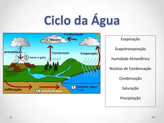 Ciclo da Água
                Evaporação

             Evapotranspiração

           Humidade Atmosférica

           Núcleos de Condensação

                Condensação

                 Saturação

                Precipitação



                                    3
 