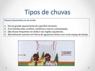 Tipos de chuvas
Chuvas Convectivas ou de verão

1.   Há um grande aquecimento da superfície terrestre;
2.   O ar húmido sobe, arrefece, condensa e ocorre a precipitação;
3.   São chuvas frequentes no verão e nas regiões equatoriais.
4.   Normalmente ocorrem em forma de aguaceiros fortes num curto espaço de tempo




                                                                                   5
 