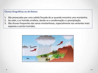 Chuvas Orográficas ou de Relevo

1. São provocadas por uma subida forçada do ar quando encontra uma montanha;
2. Ao subir, o ar húmido arrefece, dando-se a condensação e a precipitação;
3. São chuvas frequentes das zonas montanhosas, especialmente nas vertentes mais
   expostas a ventos húmidos.




                                                                                   6
 