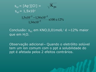 sAgCl = [Ag+][Cl-] = 
sAgCl = 1,5x10-5 
Kps 
- - 
5 5 
- @ 
x100 12% 
1,5x10 1,34x10 
1,34x10 
5 
- 
Conclusão: sAgCl em KNO3 0,01molL-1 é ~12% maior 
que em H2O. 
Observação adicional→ Quando o eletrólito solúvel 
tem um íon comum com o ppt a solubilidade do 
ppt é afetada pelos 2 efeitos contrários. 
 