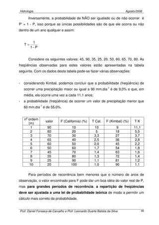 Hidrologia Agosto/2006
Prof. Daniel Fonseca de Carvalho e Prof. Leonardo Duarte Batista da Silva 46
Inversamente, a probabilidade de NÃO ser igualado ou de não ocorrer é
P’ = 1 - P, isso porque as únicas possibilidades são de que ele ocorra ou não
dentro de um ano qualquer e assim:
P1
1
T
−
=
Considere os seguintes valores: 45, 90, 35, 25, 20, 50, 60, 65, 70, 80. As
freqüências observadas para estes valores estão apresentadas na tabela
seguinte. Com os dados desta tabela pode-se fazer várias observações:
- considerando Kimbal, podemos concluir que a probabilidade (freqüência) de
ocorrer uma precipitação maior ou igual a 90 mm.dia-1
é de 9,0% e que, em
média, ela ocorre uma vez a cada 11,1 anos;
- a probabilidade (freqüência) de ocorrer um valor de precipitação menor que
60 mm.dia-1
é de 55,0%.
no
ordem
(m)
valor F (California) (%) T Cal. F (Kimbal) (%) T K
1 90 10 10 9 11,1
2 80 20 5 18 5,5
3 70 30 3,3 27 3,7
4 65 40 2,5 36 2,8
5 60 50 2,0 45 2,2
6 50 60 1,7 54 1,8
7 45 70 1,4 63 1,6
8 35 80 1,3 72 1,4
9 25 90 1,1 81 1,2
10 20 100 1,0 90 1,1
Para períodos de recorrência bem menores que o número de anos de
observação, o valor encontrado para F pode dar um boa idéia do valor real de P,
mas para grandes períodos de recorrência, a repartição de freqüências
deve ser ajustada a uma lei de probabilidade teórica de modo a permitir um
cálculo mais correto da probabilidade.
 