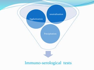 Immuno-serological tests
Precipitation
Agglutination
neutralization
 