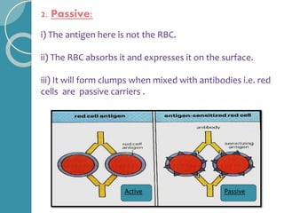 2. Passive:
i) The antigen here is not the RBC.
ii) The RBC absorbs it and expresses it on the surface.
iii) It will form clumps when mixed with antibodies i.e. red
cells are passive carriers .
Active Passive
 