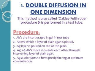 3. DOUBLE DIFFUSION IN
ONE DIMENSION
This method is also called ‘Oakley-Fulthrope’
procedure & is performed in a test tube.
Procedure:
1. Ab’s are incorporated in gel in test tube
2. Above which a layer of plain agar is placed.
3. Ag layer is poured on top of this plain
4. Ag’s & Ab’s moves towards each other through
intervening layer of plain agar.
5. Ag & Ab reacts to form precipitin ring at optimum
concentration.
 