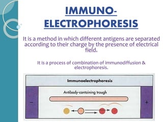 IMMUNO-
ELECTROPHORESIS
It is a method in which different antigens are separated
according to their charge by the presence of electrical
field.
It is a process of combination of immunodiffusion &
electrophoresis.
 