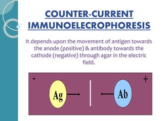 COUNTER-CURRENT
IMMUNOELECROPHORESIS
It depends upon the movement of antigen towards
the anode (positive) & antibody towards the
cathode (negative) through agar in the electric
field.
 