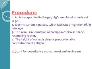 Procedure:
1. Ab is incorporated in the gel, Ag’s are placed in wells cut
in gel
2. Electric current is passed, which facilitated migration of Ag
into agar
3. This results in formation of precipitin conical in shape,
resembling rocket.
4. The height of rocket is directly proportional to
concentration of antigen.
USE -> For quantitative estimation of antigen in serum
 
